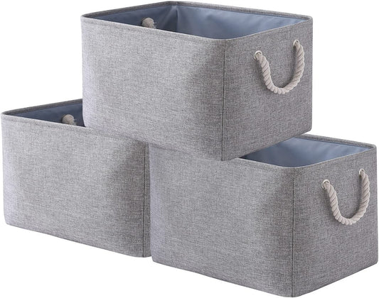 Fabric Storage Baskets [3-Pack] Dog Toy Baskets, Decorative Baskets with Handles,Collapsible Baskets for Organizing, Storage Baskets for Shelves, Toys, Clothes, Office (Grey)