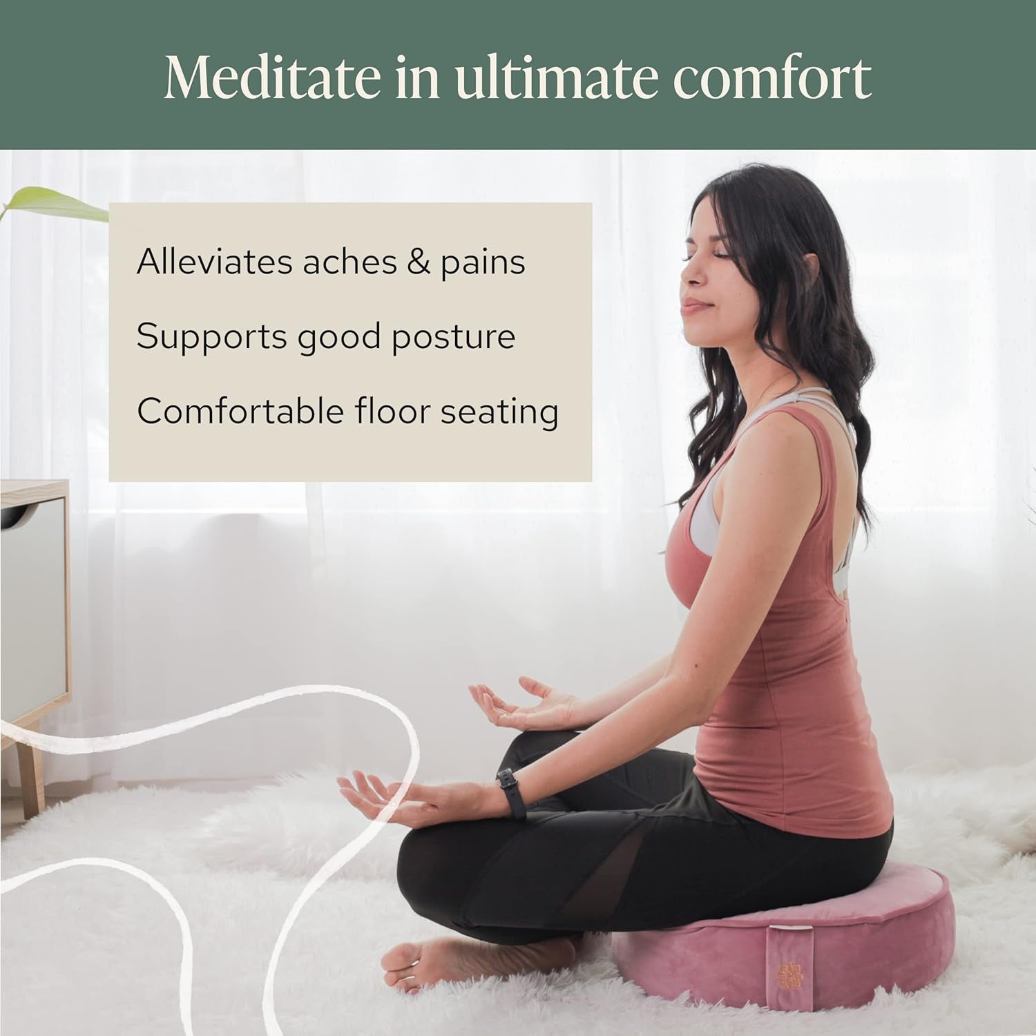 Velvet Meditation Cushion | Luxe Zafu Yoga Floor Pillow Seat | Posture Support | Buckwheat Hull Filled | Large round Cushion with Removable Washable Cover + Carry Handle