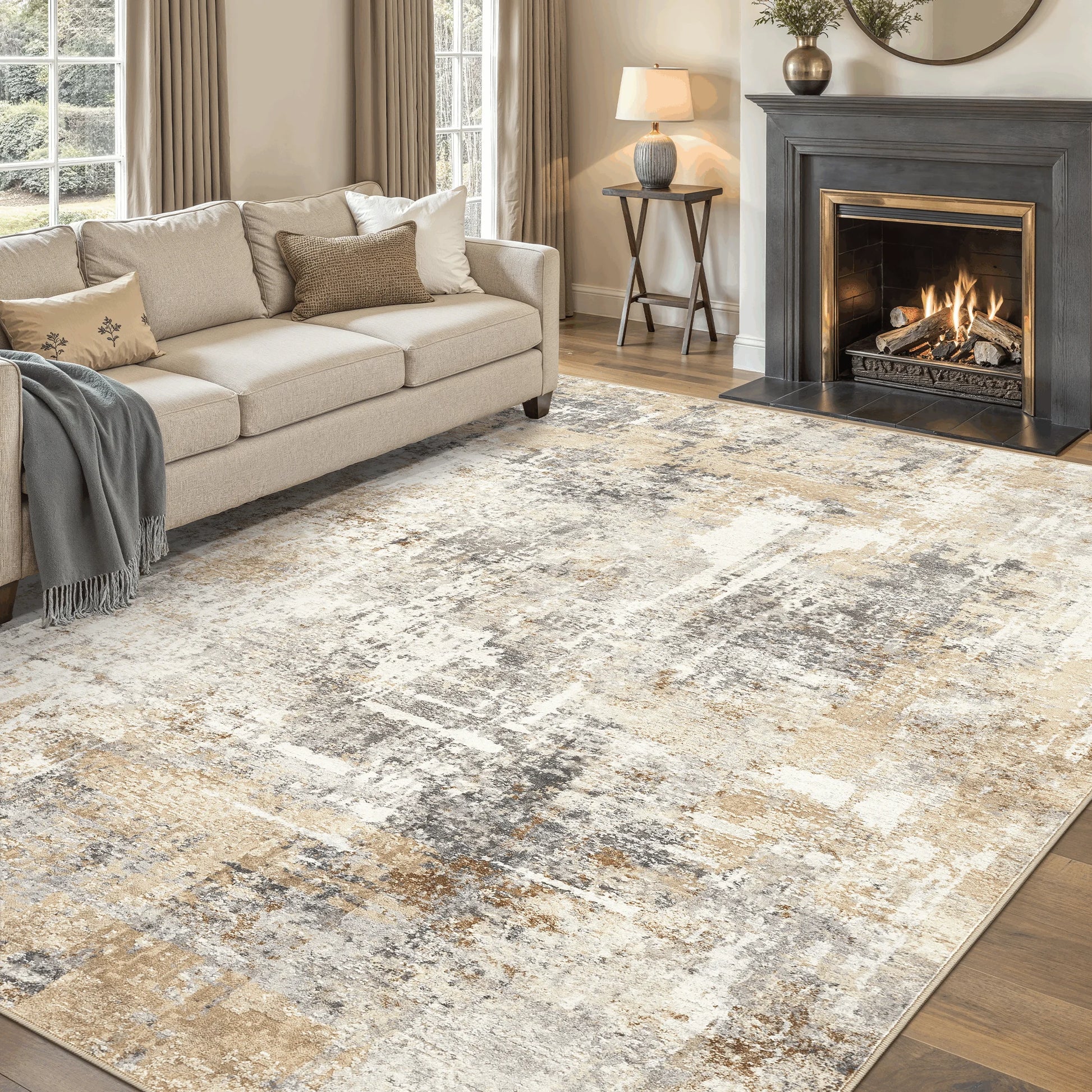 8'X10' Washable Area Rugs for Living Room, Modern Abstract Printed Carpet, Non Slip Indoor Rug for Bedroom Home Decor Carpets, Grey Gold