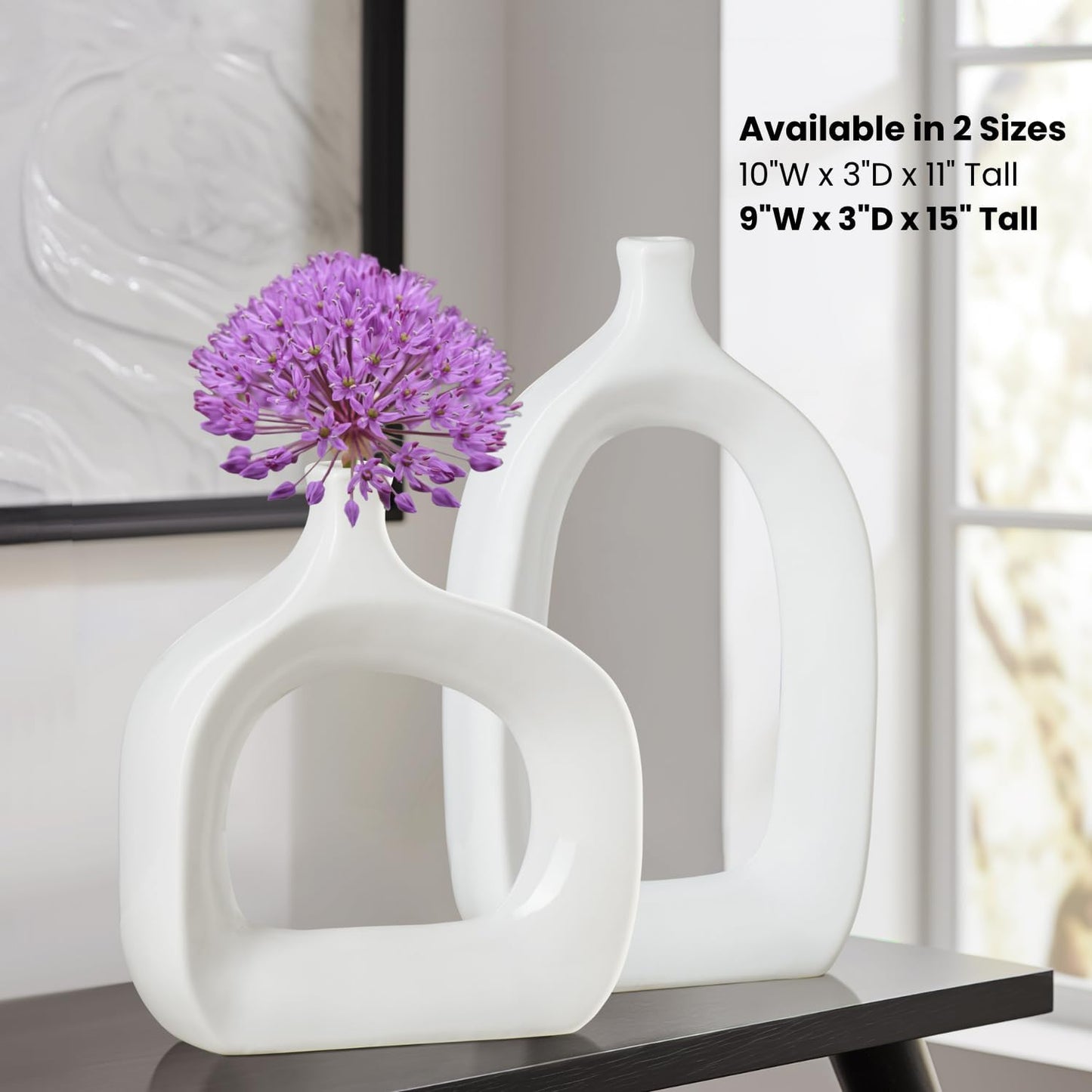 15" Tall Ceramic White Hollow Vase - Abstract White Vase for Modern Home Decor, Handmade Gloss Finish Sculpture Design, Modern Table Decor for Entryway Table, Mantel or Shelf (Open)