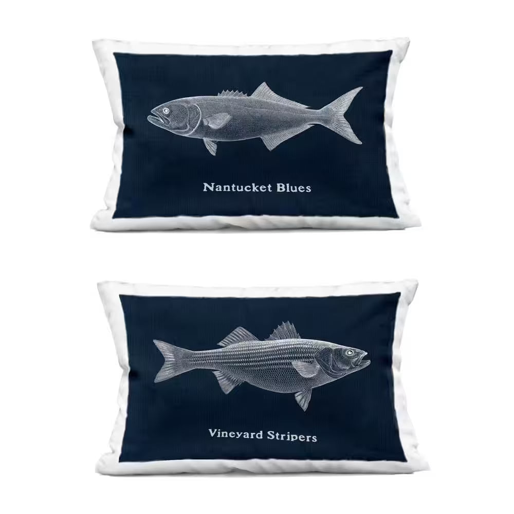 Coastal Fish on Navy Blue Black Print Polyester 14 In. X 20 In. Throw Pillow Set of 2