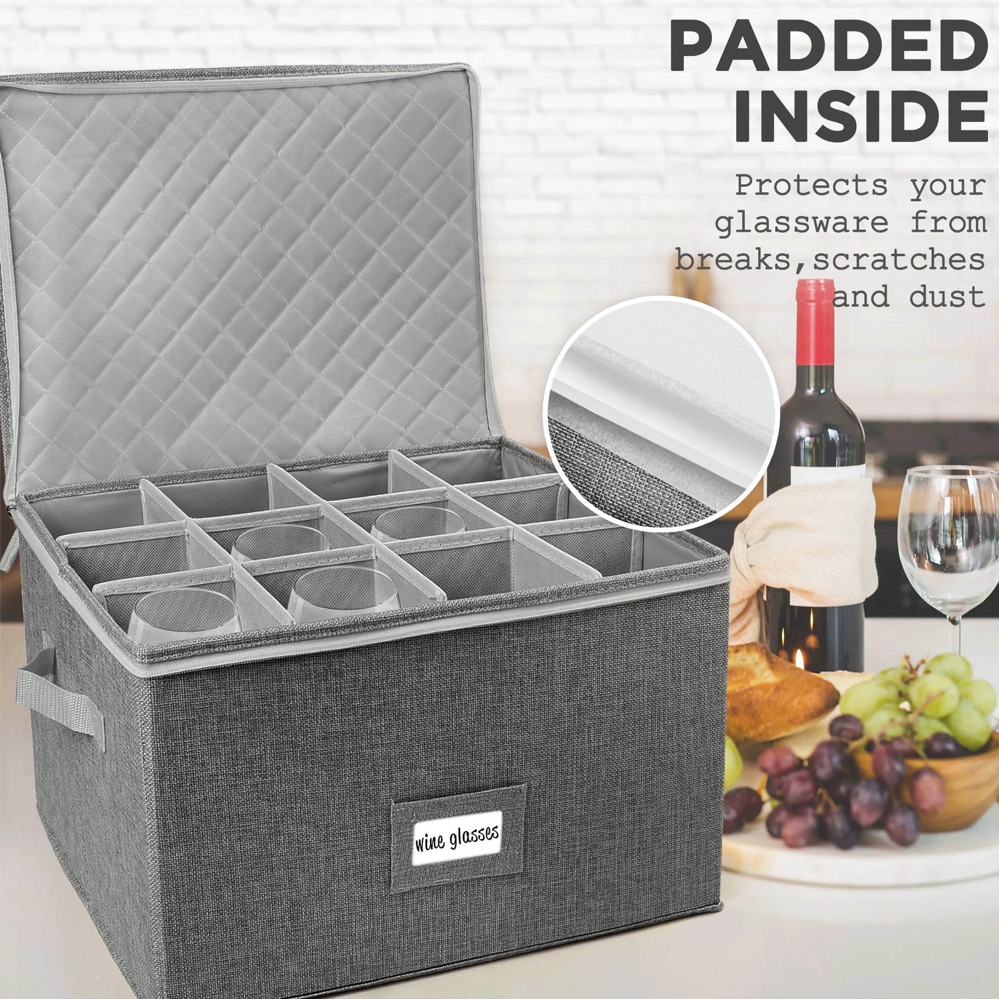 Stemware Storage Container, Quilted Linen Stackable Wine Glass Storage Box,Hard Shell,Grey