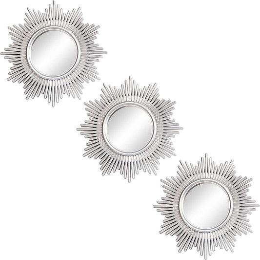 Small round Mirrors for Wall Decor Set of 3, Silver Sunburst Wall Decorations for Living Room Bedroom & Bathroom (MS013)