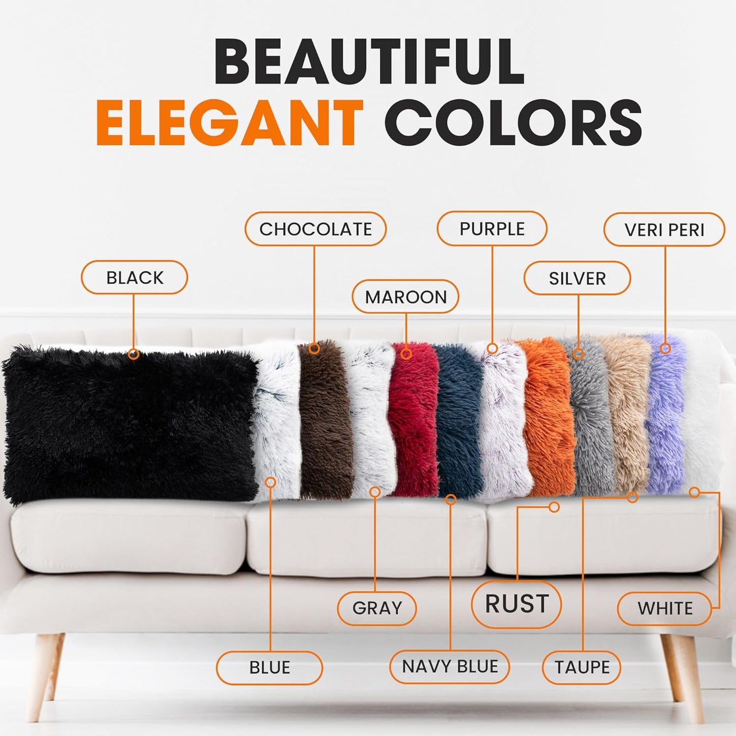 Throw Pillows for Couch and Bed, Soft Shaggy Throw Pillows with Inserts Included, Cozy Long Hair Faux Fur Pillows - Set of 2-12" X 20" - Rust Orange