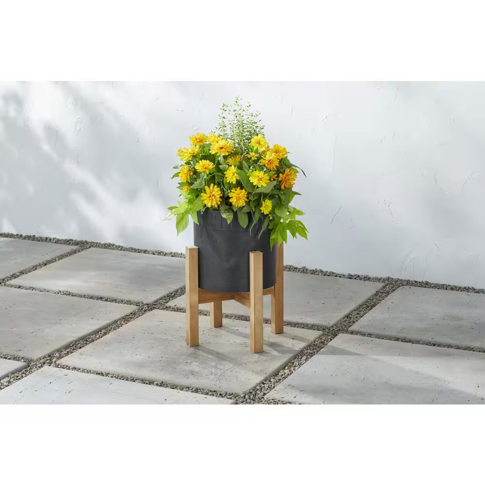 10 In. Clementine Medium Black Ceramic Planter (10 In. D X 16 In. H) with Wood Stand