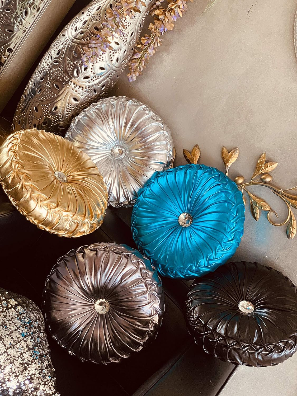 Tresshouse European round Throw Pillows, Soft Spandex Fabric Pumpkin Pleated Handmade Metallic Accent Circle Insert Cushion Diamond to Enhance for Sofa Bedroom Livingroom Couch Cover Chair Gold