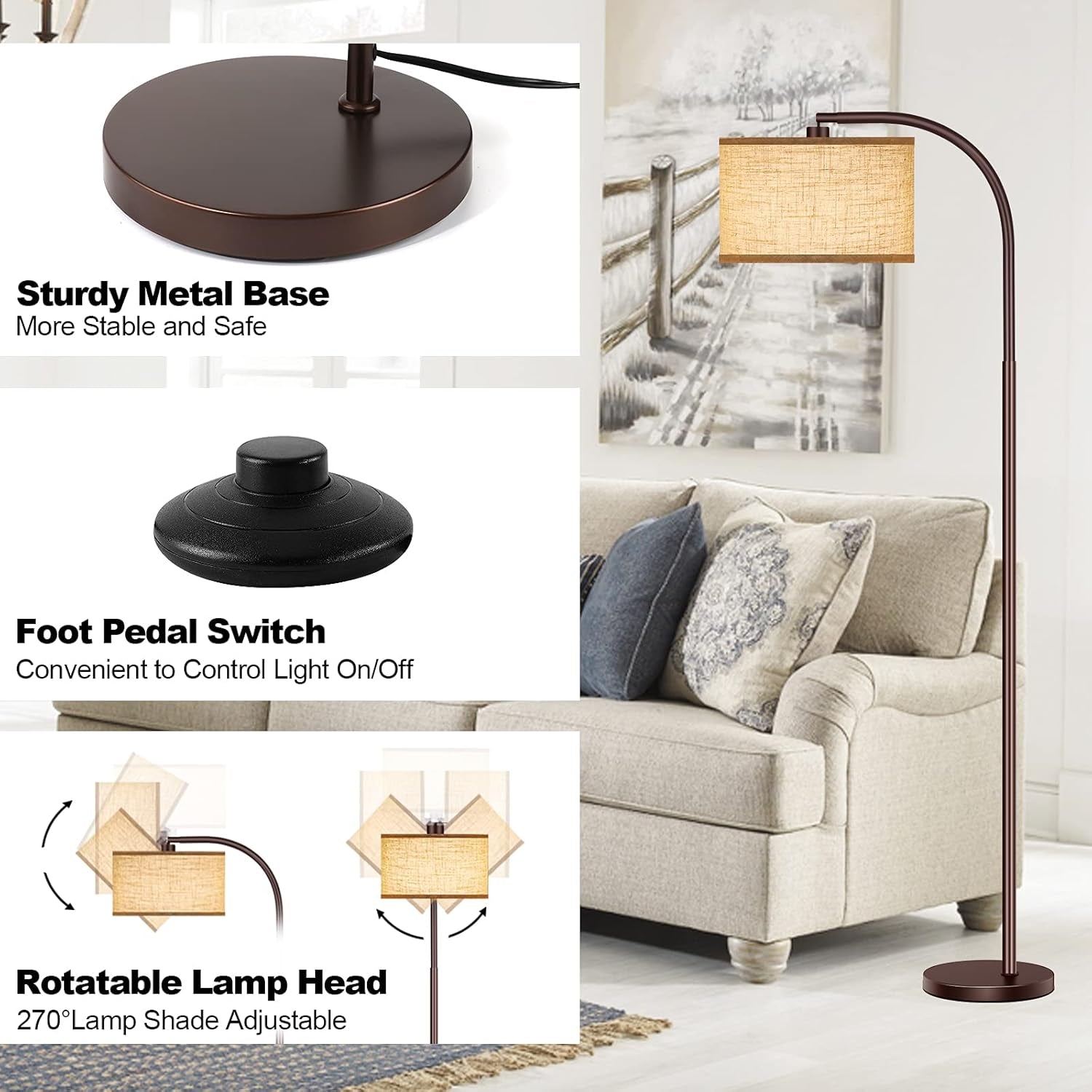 ROTTONEGGON Floor Lamp for Living Room, Oil-Rubbed Bronze LED Standing Lamp with 2 Lamp Shades (Beige/White), Tall Reading Lamp for Bedroom Study