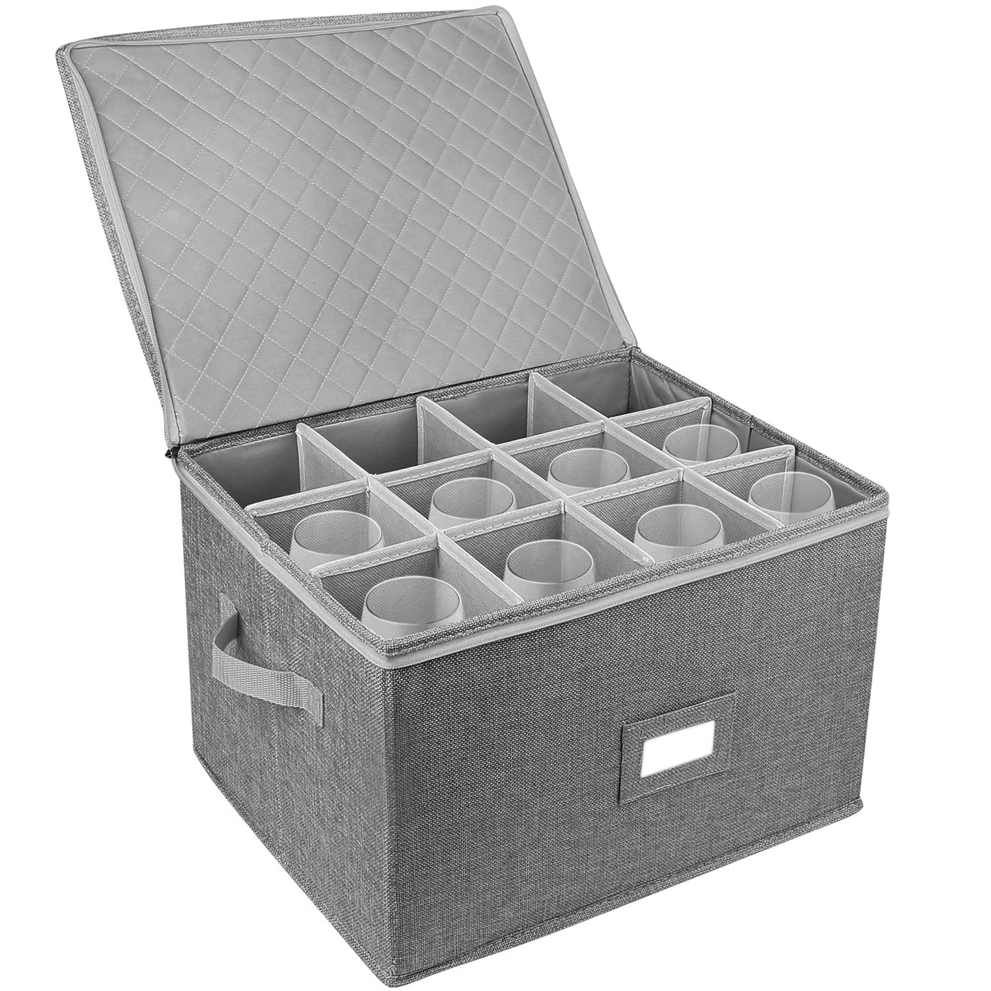 Stemware Storage Container, Quilted Linen Stackable Wine Glass Storage Box,Hard Shell,Grey