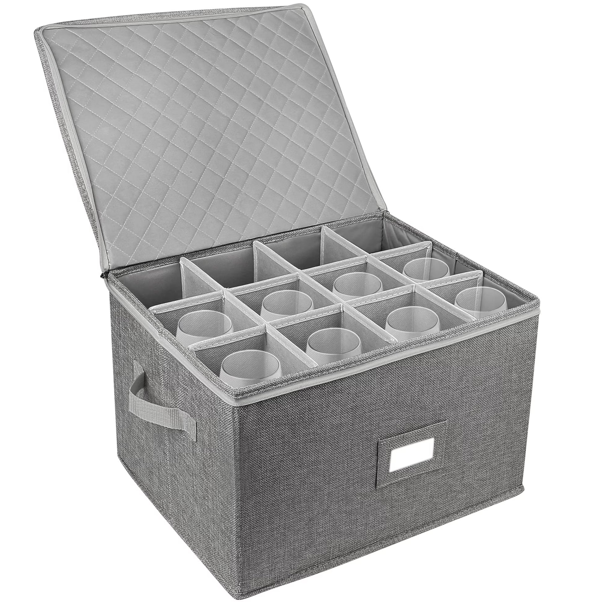 Stemware Storage Container, Quilted Linen Stackable Wine Glass Storage Box,Hard Shell,Grey