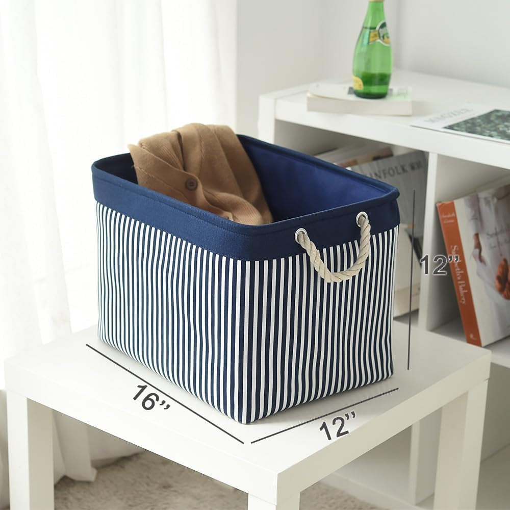 Organization and Storage Basket for Shelves - Large 2 Pack 16X12X12 Inch Fabric Storage Cubes, Collapsible Storage Bins for Gift Closet Cloth Toy Books Kids (Navy Patchwork)