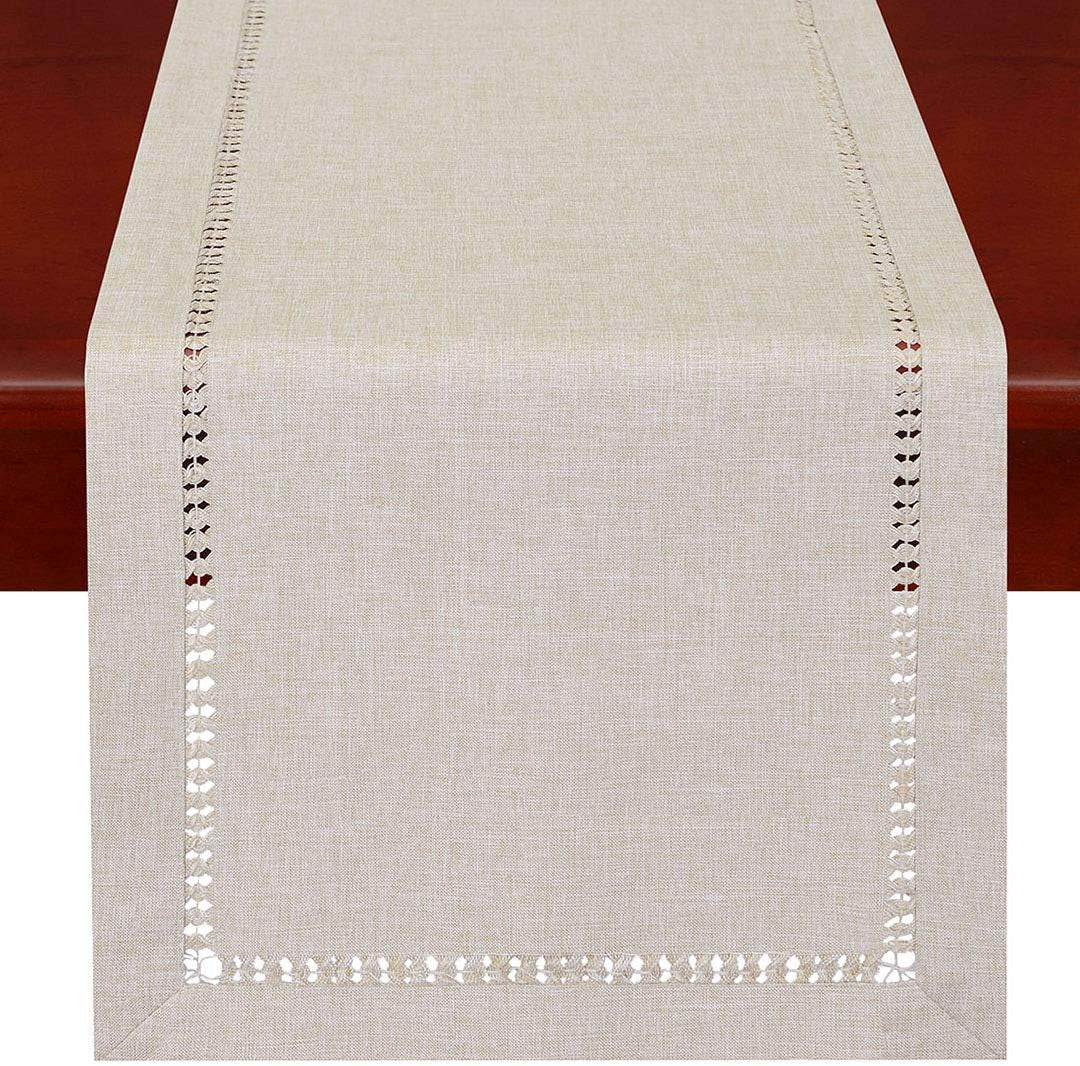 Handmade Hemstitched Polyester Rectangle Table Runners,Beige 14X72 Inch