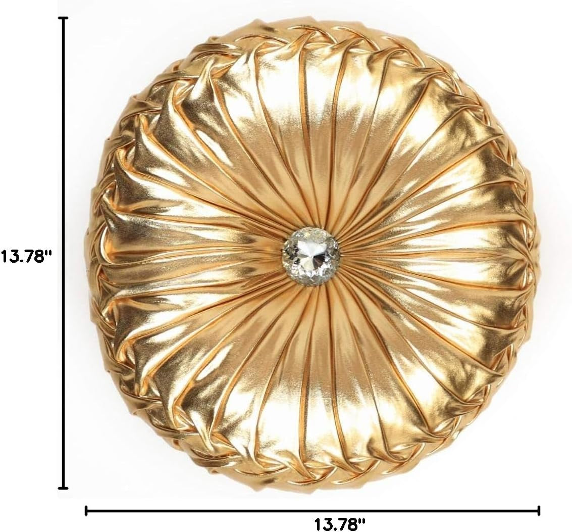 Tresshouse European round Throw Pillows, Soft Spandex Fabric Pumpkin Pleated Handmade Metallic Accent Circle Insert Cushion Diamond to Enhance for Sofa Bedroom Livingroom Couch Cover Chair Gold