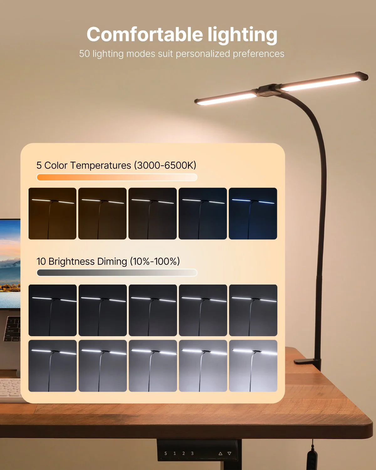 LED Desk Lamp with Clamp Double Head Desk Lamp with 360¡Ã Adjustable Gooseneck