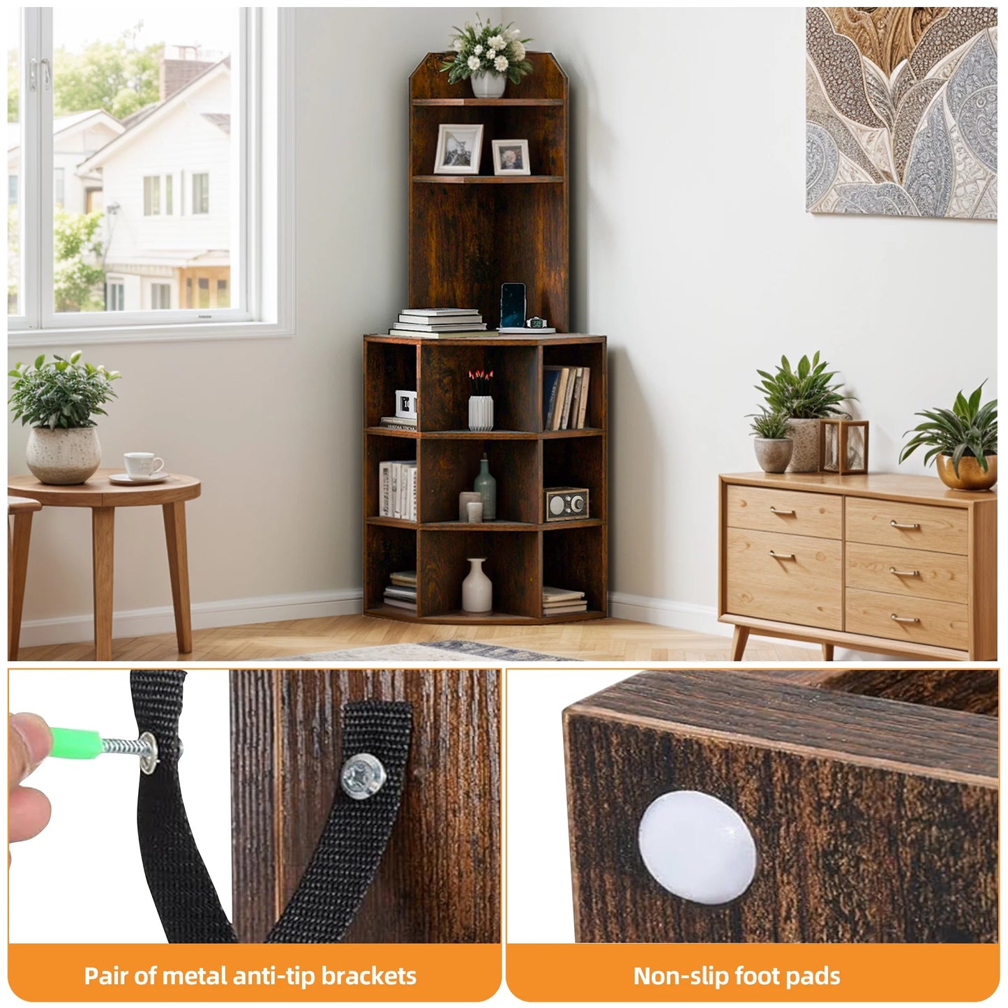 5-Tier Corner Shelf with 9 Cube, Wooden Display Bookcases Bookshelf with USB Ports, Brown