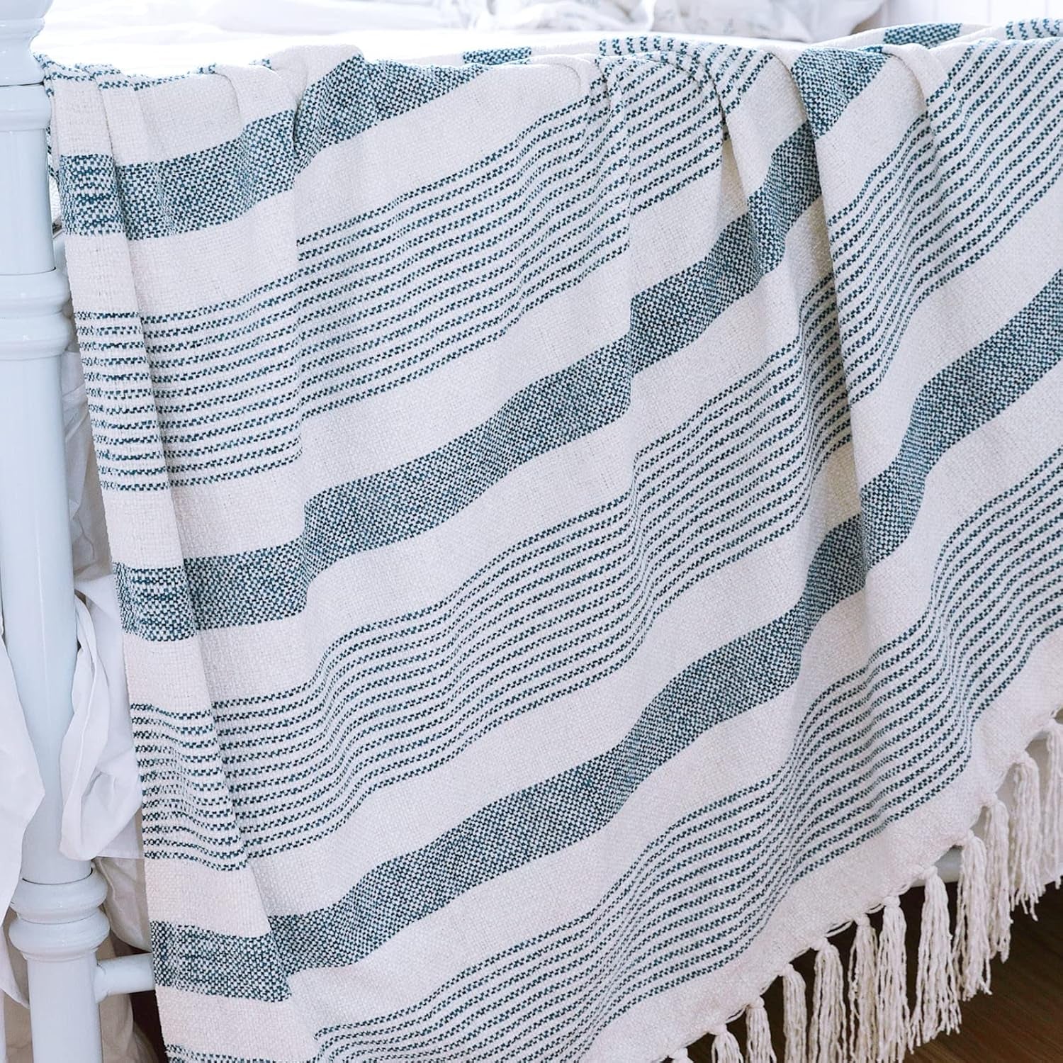 Decorative Blue White Striped Throw with Fringe, Soft Chenille Knitted Farmhouse Lightweight Blanket with Tassels for Couch Sofa Chair Bed Office Home Décor, Blue and Ivory, 50" X 60"
