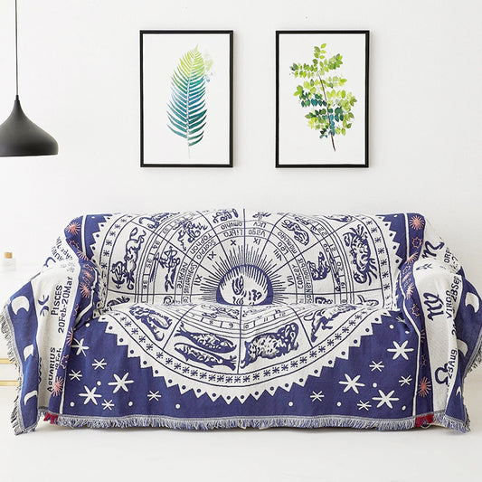 Boho Woven Throw Blanket Reversible Cotton Bohemian Tapestry Hippie Room Decor Witchy Astrology Zodiac Celestial Constellation Carpet Bed Chair Couch