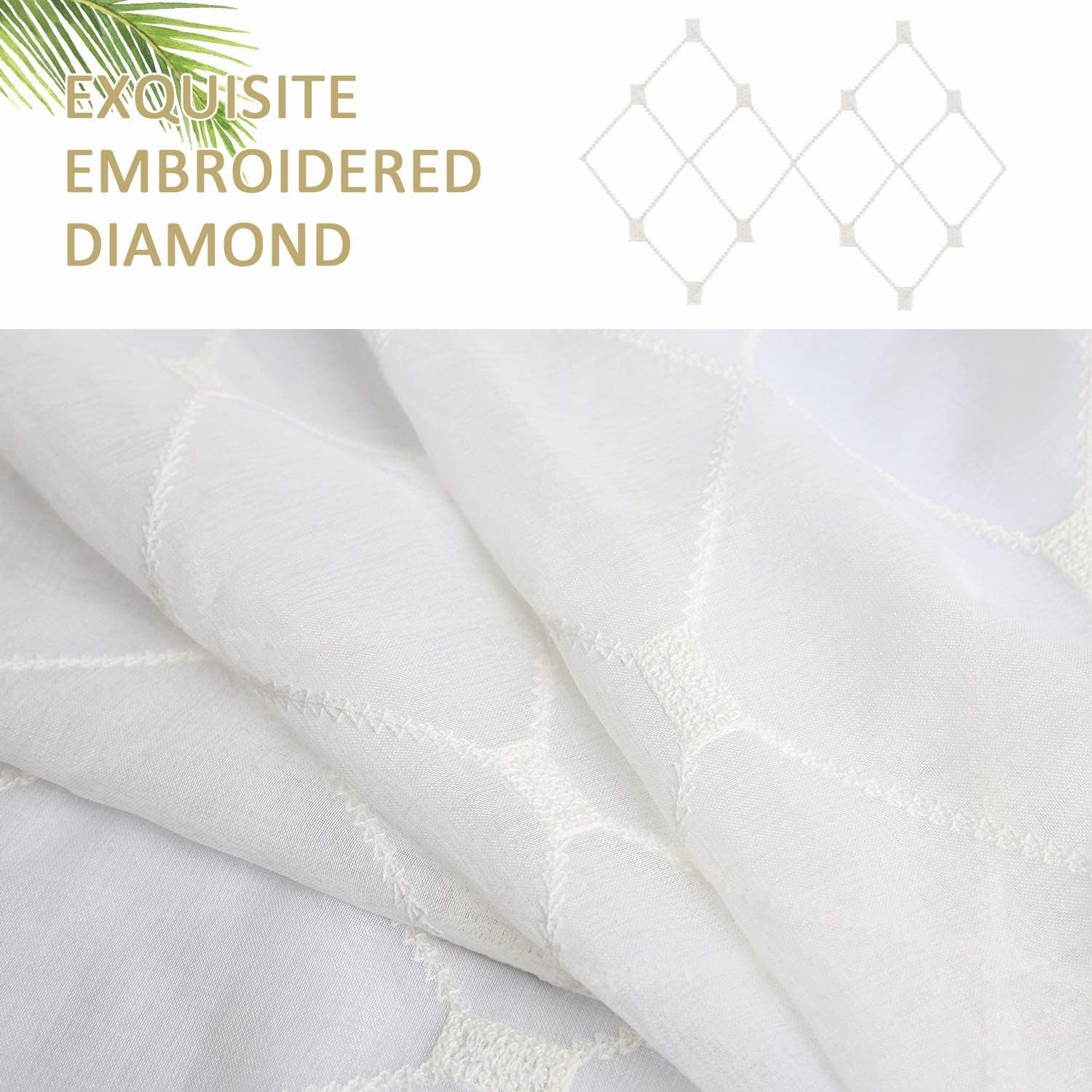 l White Sheer Curtains 63 Inch Length Embroidered Diamond Grommet Window Curtains for Living Room Bedroom, 2 Panels