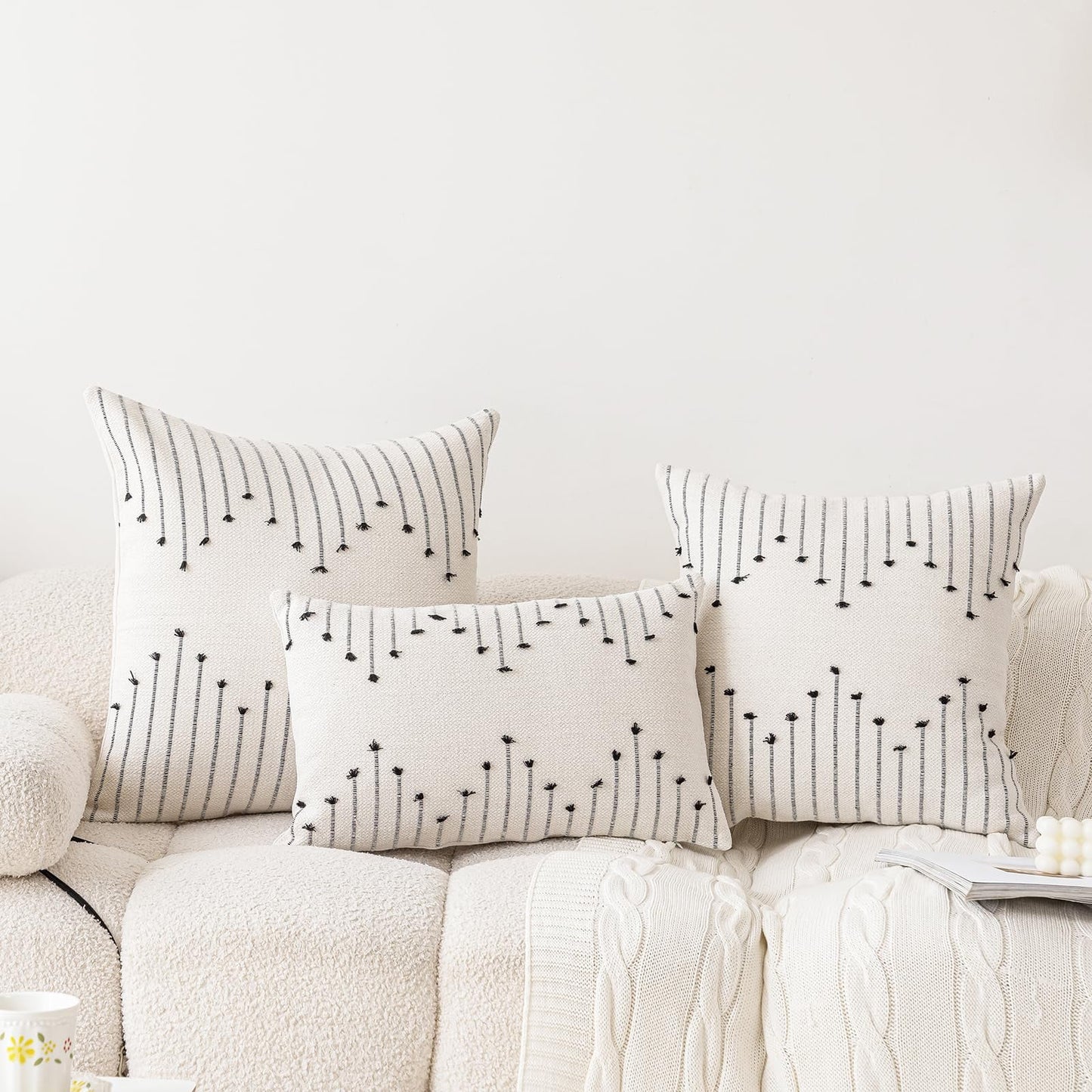 Set of 2 Neutral Woven Decorative Boho Throw Pillows Covers for Couch Bed Home Decor, 20X12 Inch, Black