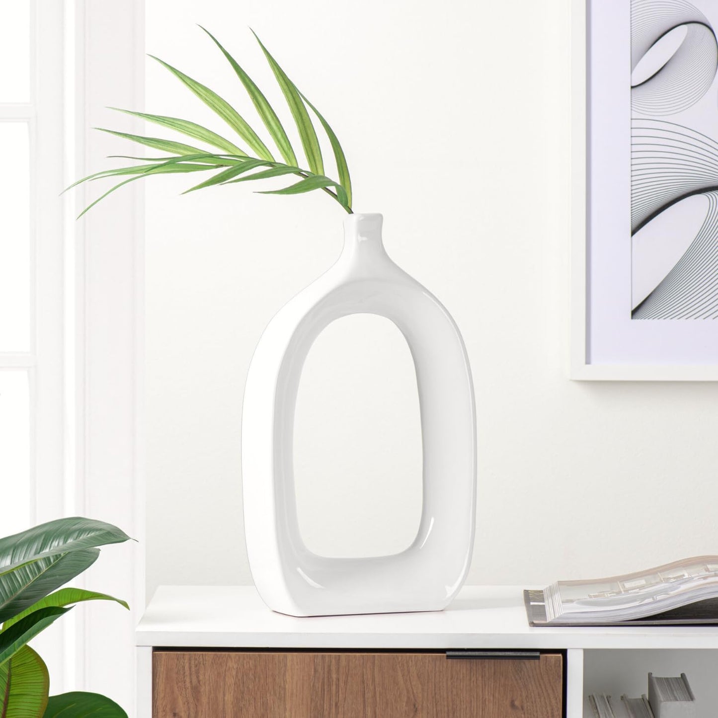 15" Tall Ceramic White Hollow Vase - Abstract White Vase for Modern Home Decor, Handmade Gloss Finish Sculpture Design, Modern Table Decor for Entryway Table, Mantel or Shelf (Open)