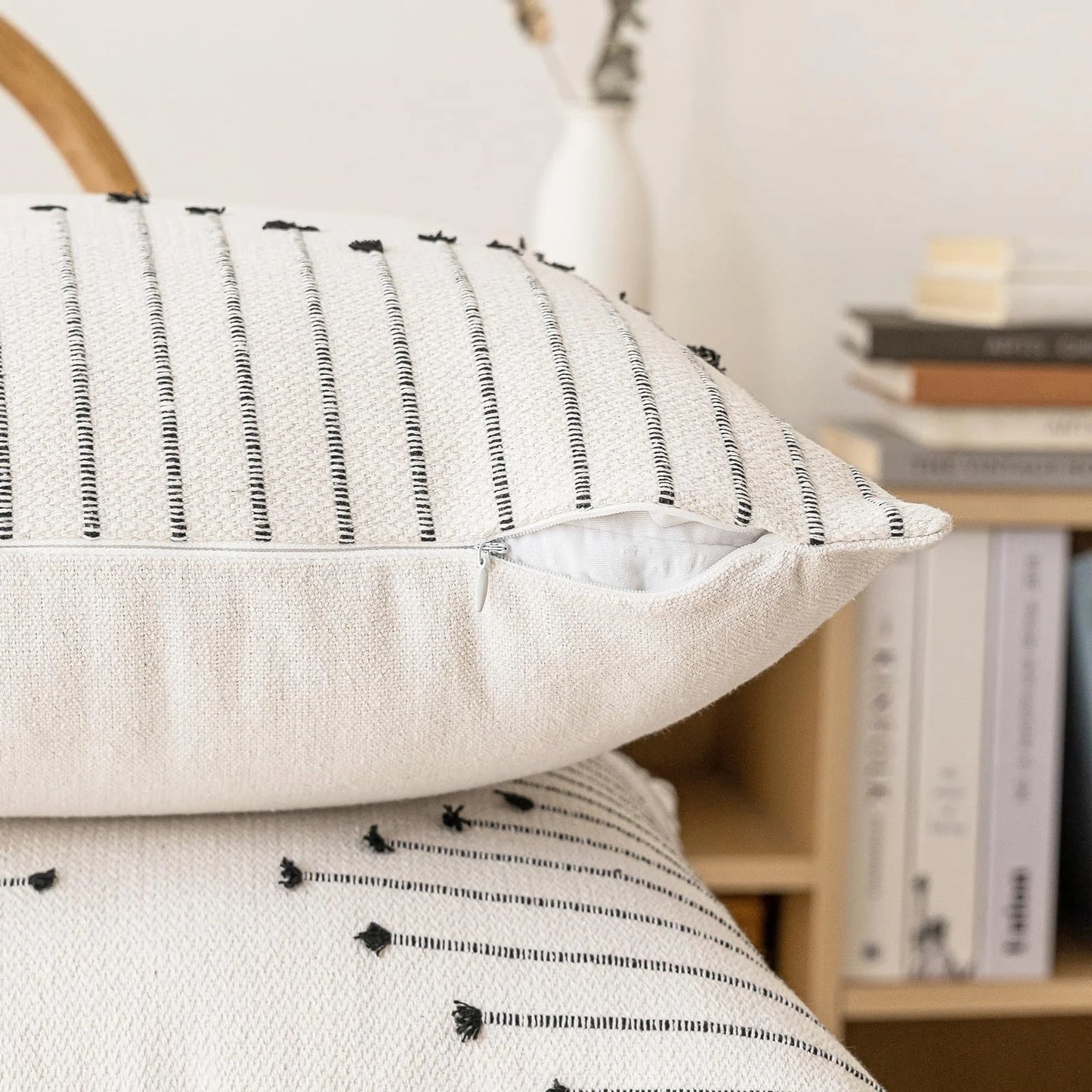 Set of 2 Neutral Woven Decorative Boho Throw Pillows Covers for Couch Bed Home Decor, 20X12 Inch, Black