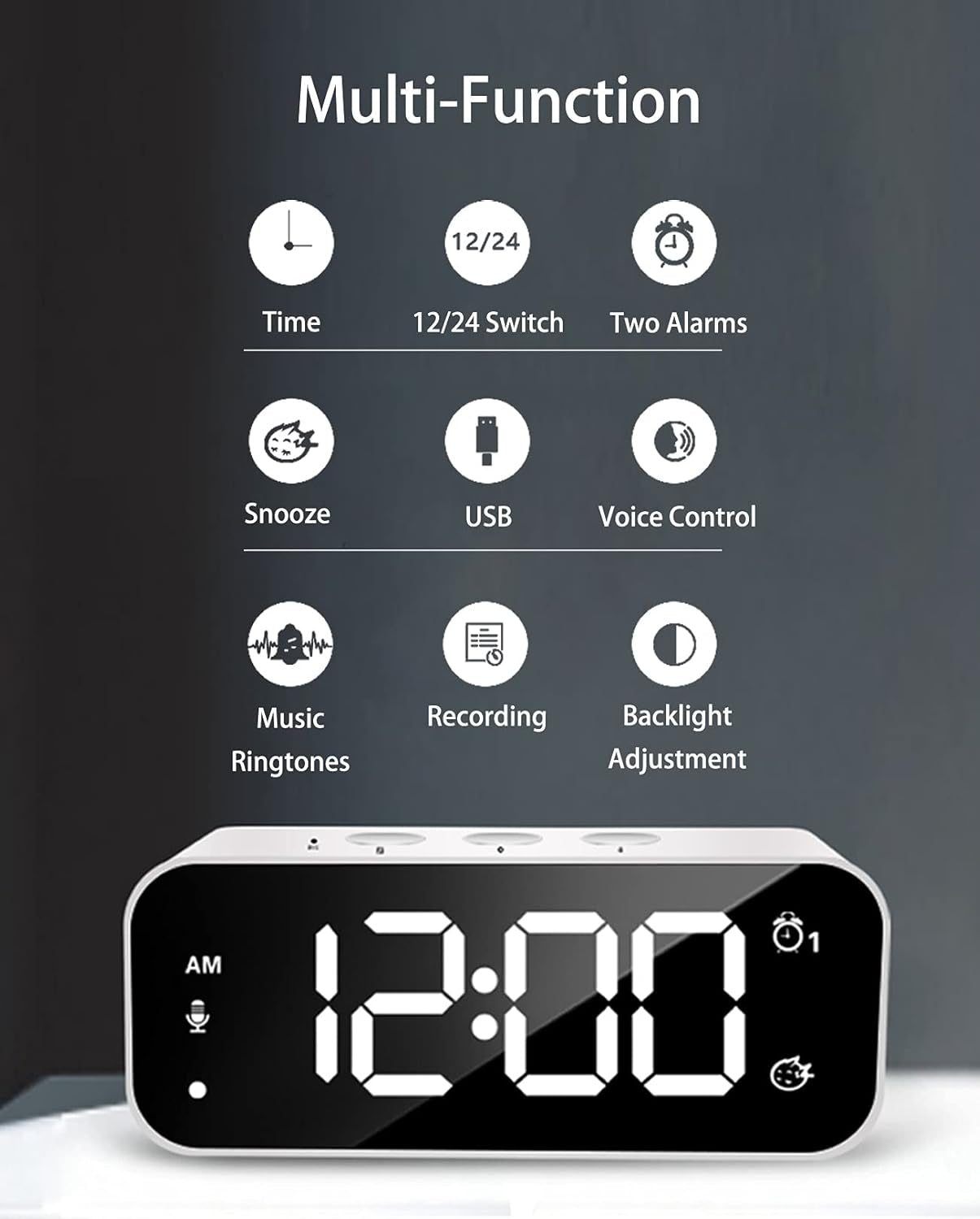 Digital Alarm Clock, Recording Alarm Clocks, Digital Clock, Clock for Bedroom, Desk Clock with USB Port, Kids Alarm Clock with 2 Alarm, Digital Clock Large Display (White)