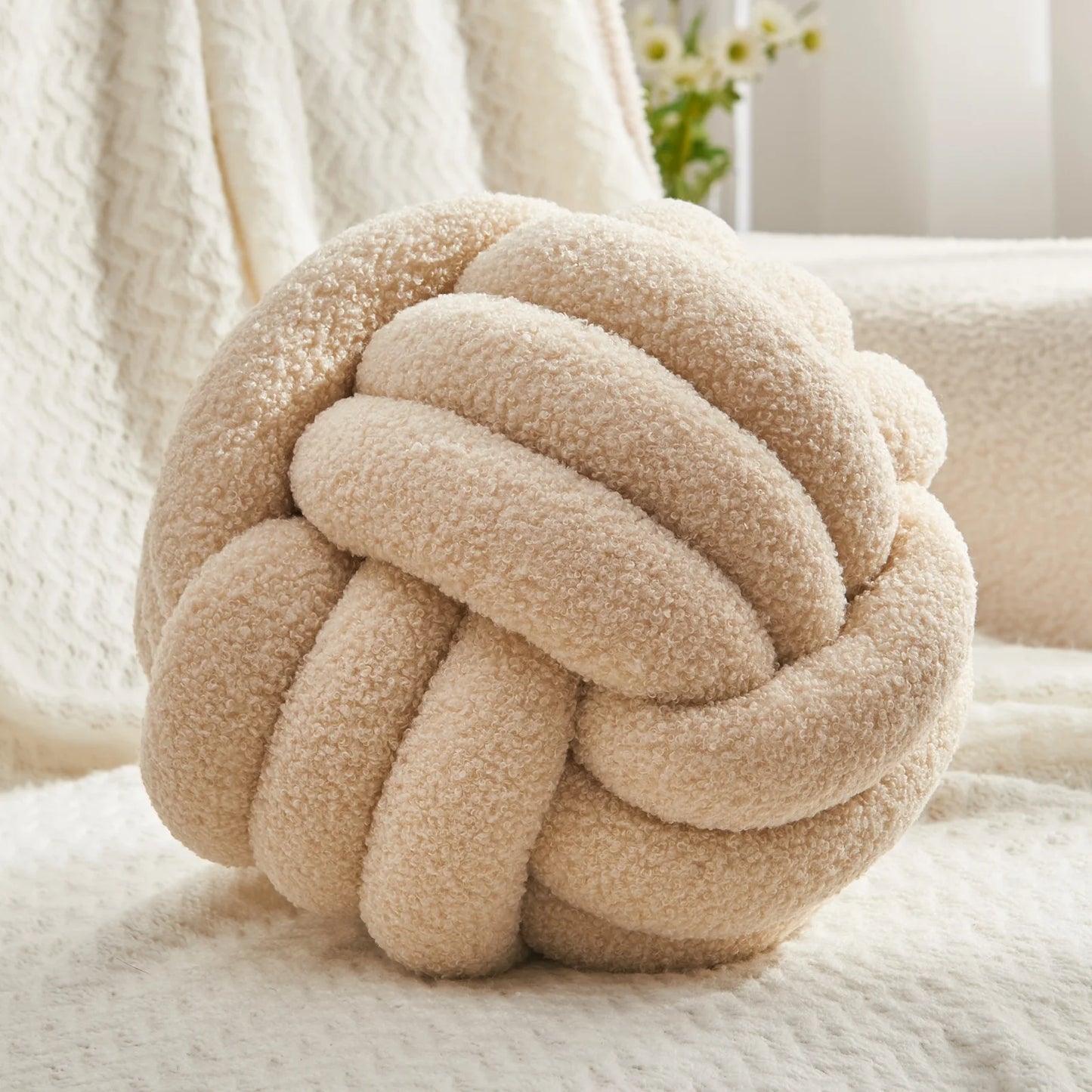 Knot Pillow Ball round Throw Pillows Home Decor Cushion Decorative Throw Pillows Lambswool Beige 8 Inch