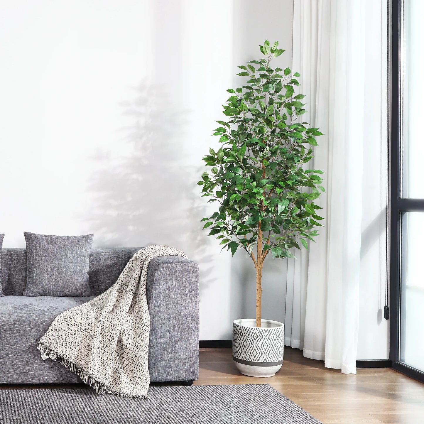 6 Ft Realistic Artificial Ficus Tree in Pot, Natural Trunk, Lush Leaves, Lifelike Faux Tree