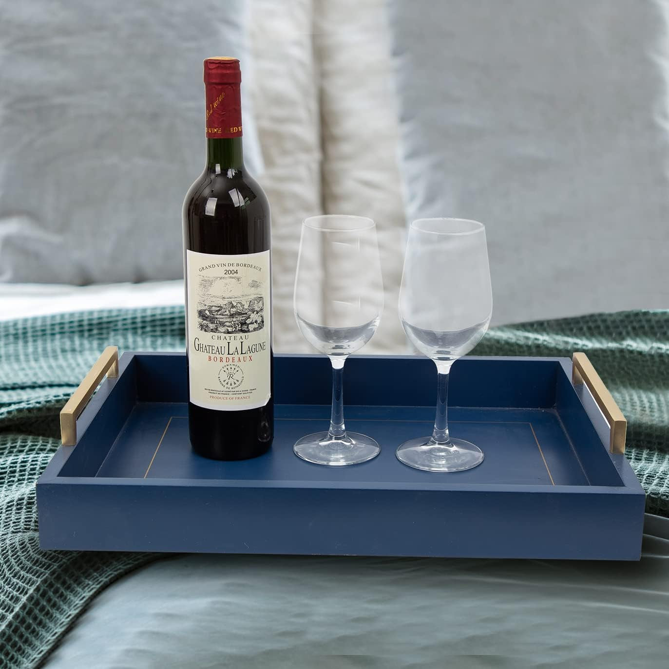 Decorative Coffee Table Ottoman Trays Modern Wood Elegant 16"X12" Rectangle Glossy Shagreen Serving Trays with Champagne Gold Handles -Drinks, Liquor Serving Platter for All Occasion'S(Blue)