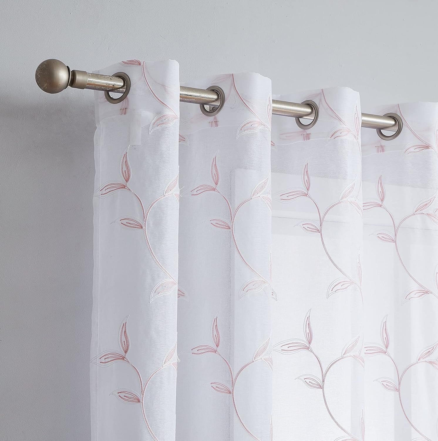 Floor to Ceiling Curtains for Extra Wide Windows. Sheer White Curtain Room Dividers Have Pink Blush Leaf Embroidery. Modern Decor Living Room Curtains. (Maria 108 X 100 Blush)