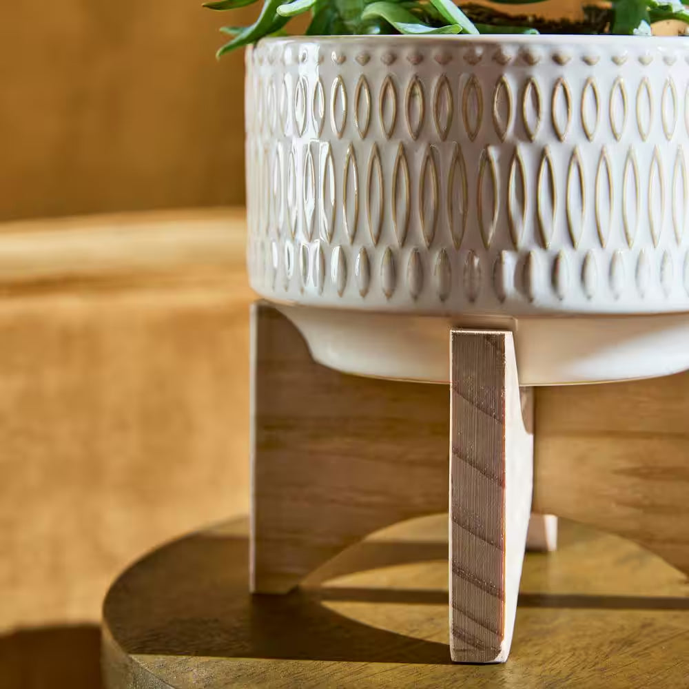 4.3 In. Gianna Small Ivory White Ceramic Pot (4.3 In. D X 4.75 In. H) with Stand