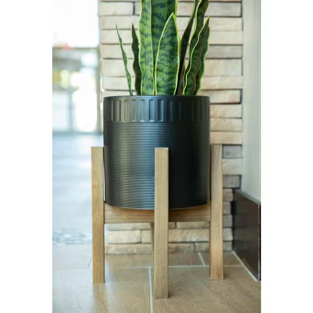 10 In. Clementine Medium Black Ceramic Planter (10 In. D X 16 In. H) with Wood Stand