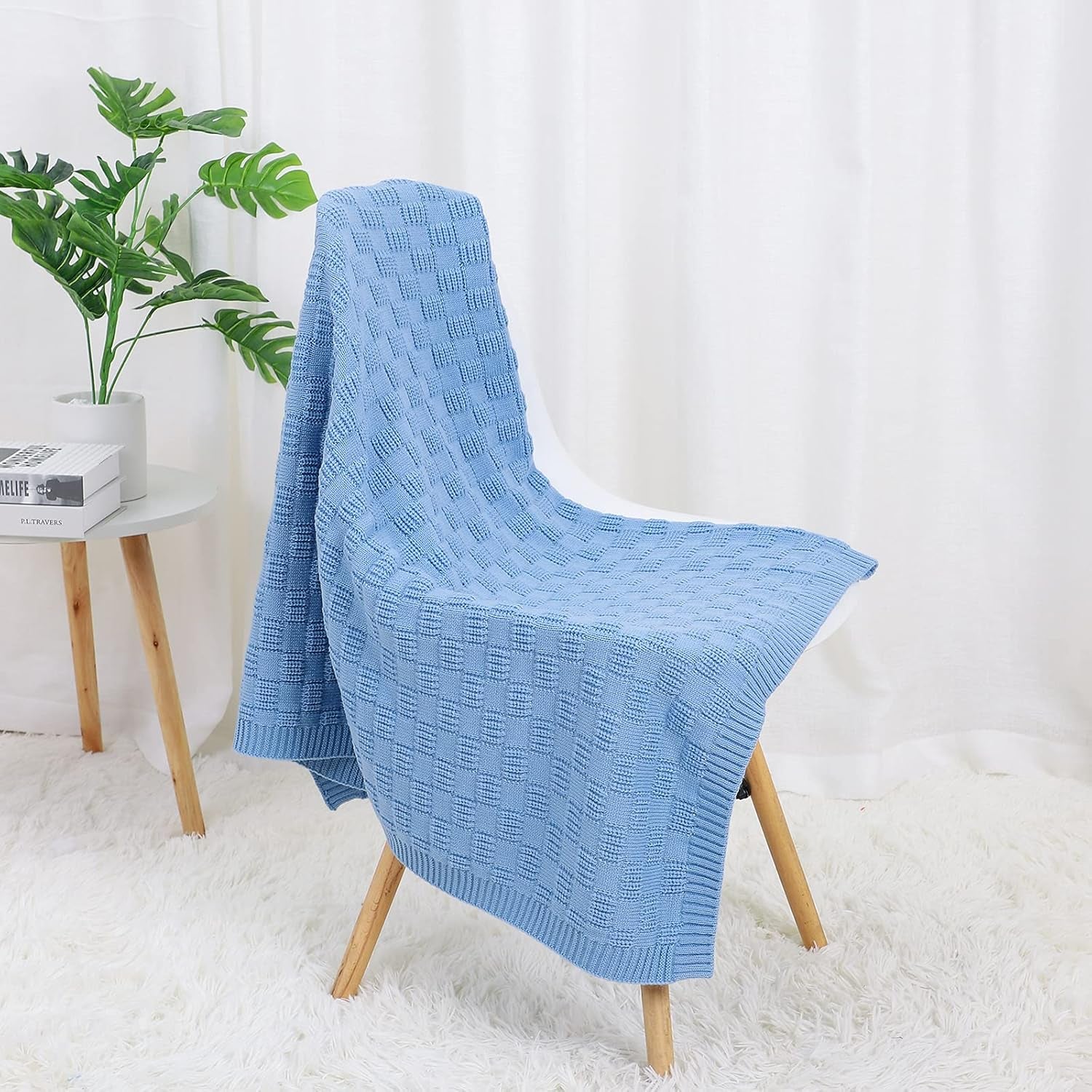 Baby Crochet Blanket Blue Knit Baby Blanket Waffle Weave Cellular Newborn Swaddle Receiving Cable Knit Blanket for Boys and Girls Gender Neutral Blankets 40X30 Inches