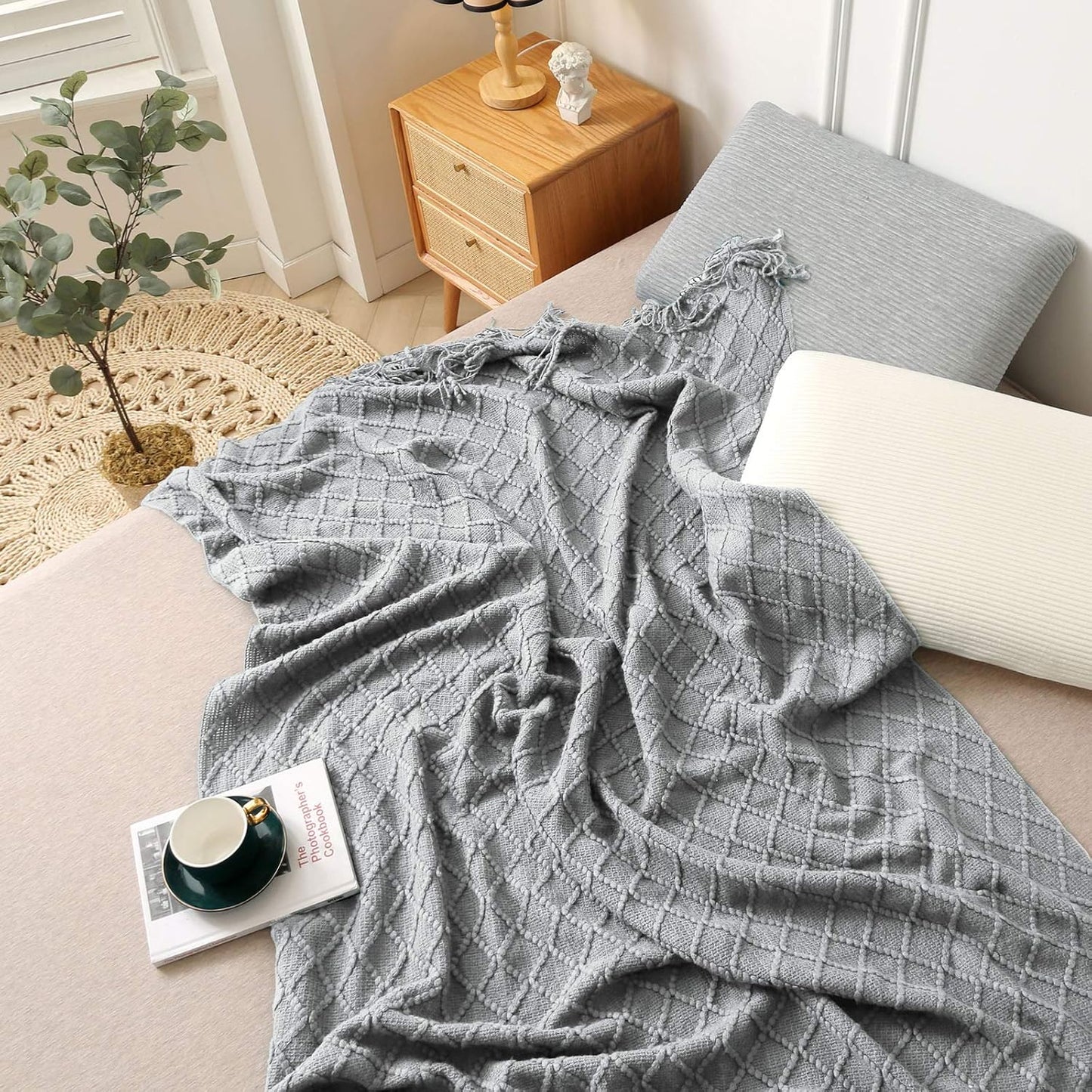 Grey Throw Blankets, Knit Throw Blanket, Boho Throw Blanket for Couch,Bed, Farmhouse Throw Blanket, Lightweight Woven Throw Blanket, Decorative Throw Blanket (50"X60")