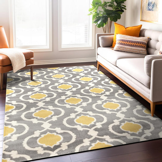 Moroccan Trellis Contemporary Perfect for High Traffic Areas of Your Living Room,Bedroom,Home Office,Kitchen Area Rug 3'3" X 5' Gray/Yellow