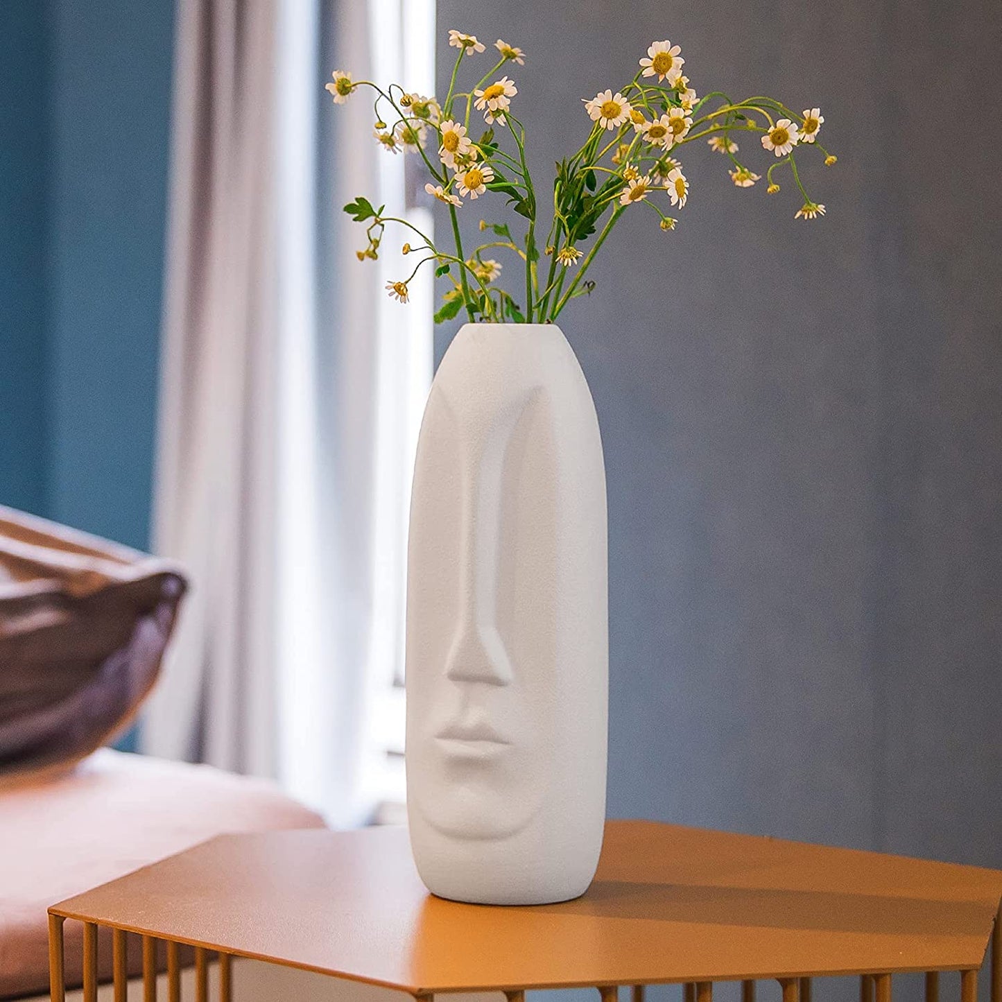 Samawi White Ceramic Vase for Flowers & Decor|8" Geometric/Modern Vase|Decorative Vase|Flower Vase for Living Room/Bedroom/Dining Table