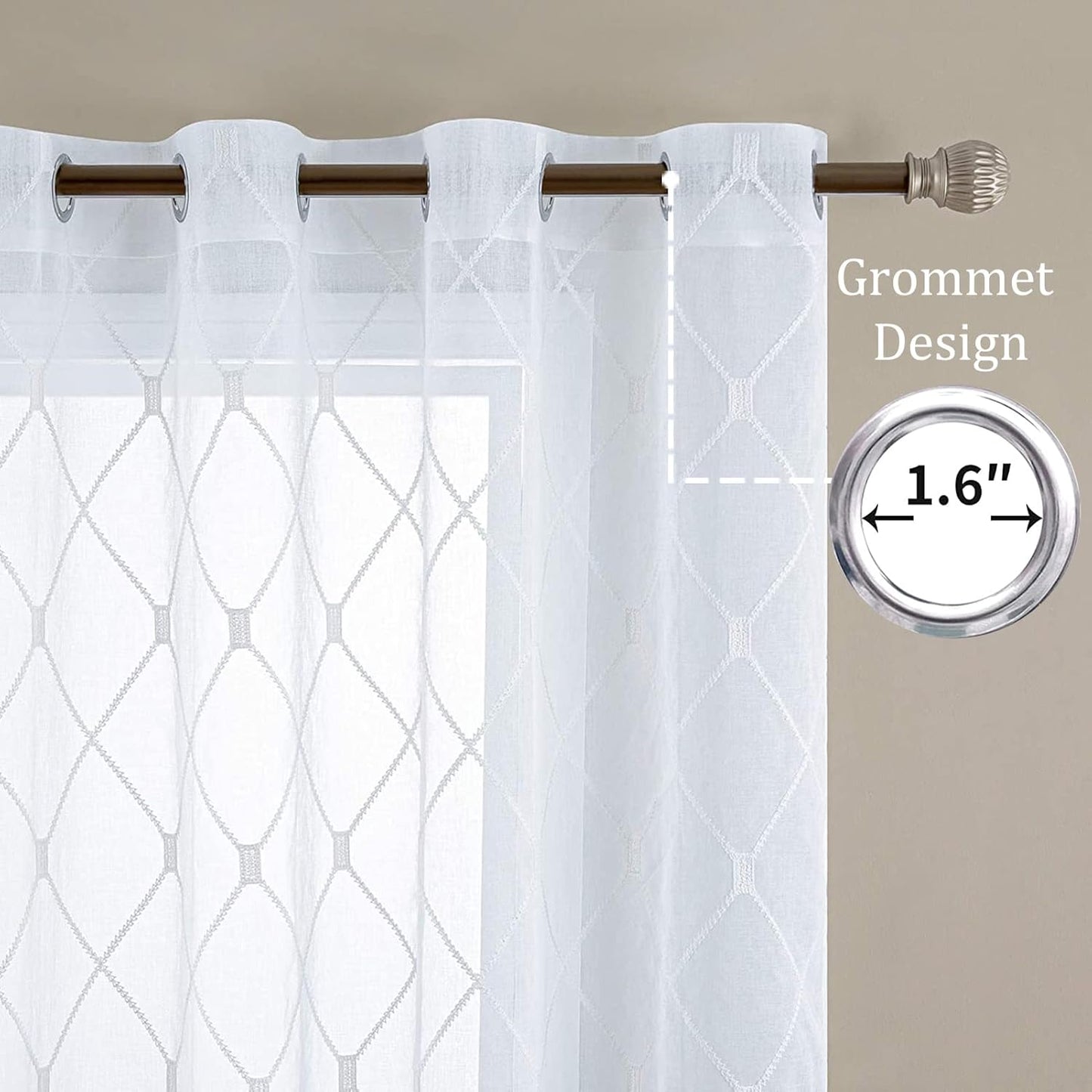 l White Sheer Curtains 63 Inch Length Embroidered Diamond Grommet Window Curtains for Living Room Bedroom, 2 Panels