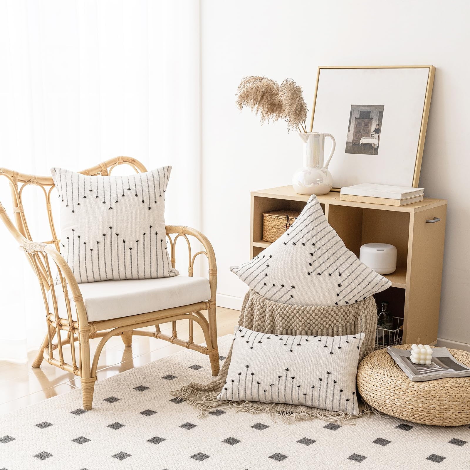 Set of 2 Neutral Woven Decorative Boho Throw Pillows Covers for Couch Bed Home Decor, 20X12 Inch, Black