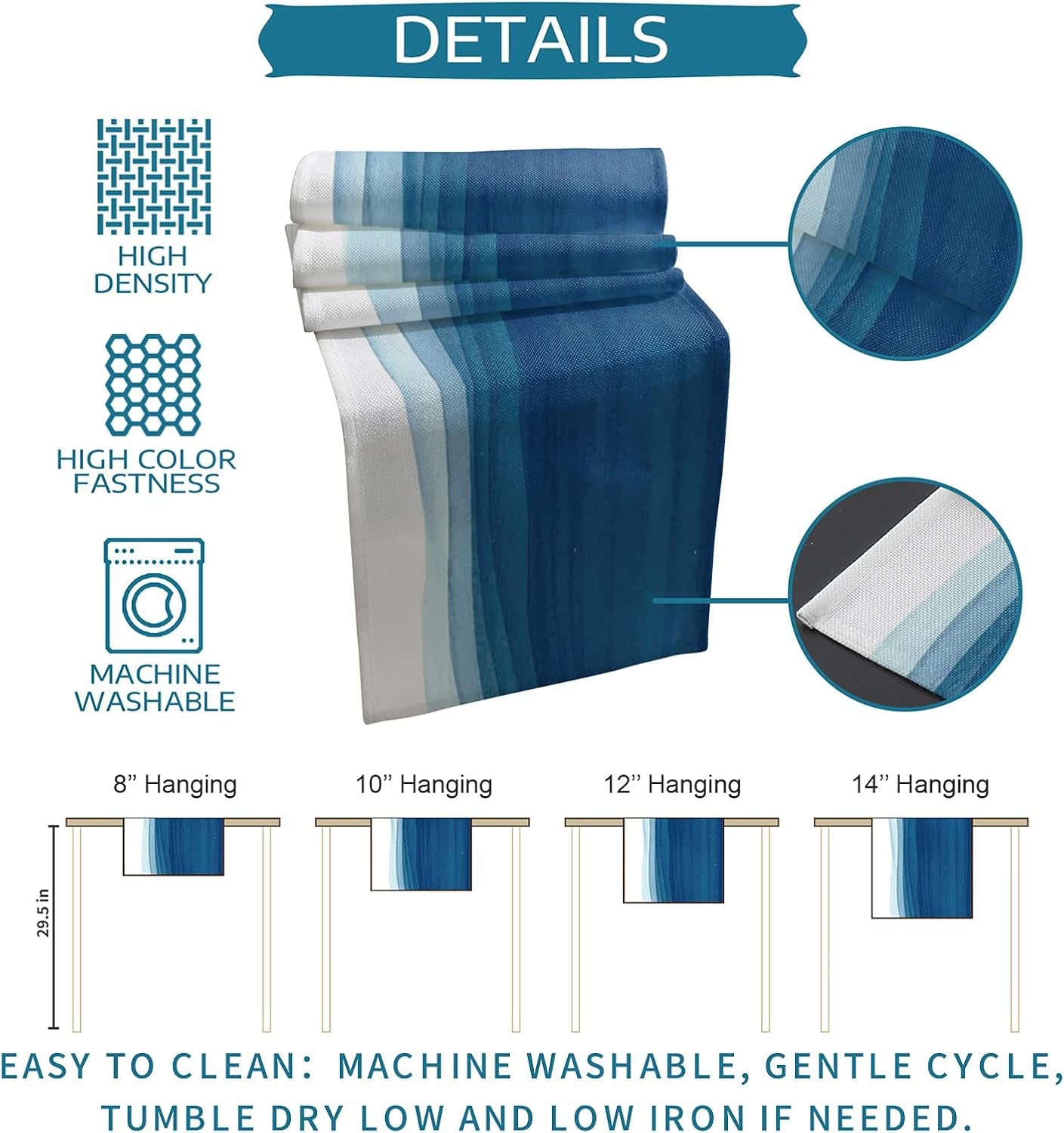 Blue White Table Runner, Non-Slip Dining Table Runners for Kitchen, Ombre Ocean Wave Coffee Table Runners Dresser Scarf for Living Room Garden Wedding Parties (13X90 Inches Long)