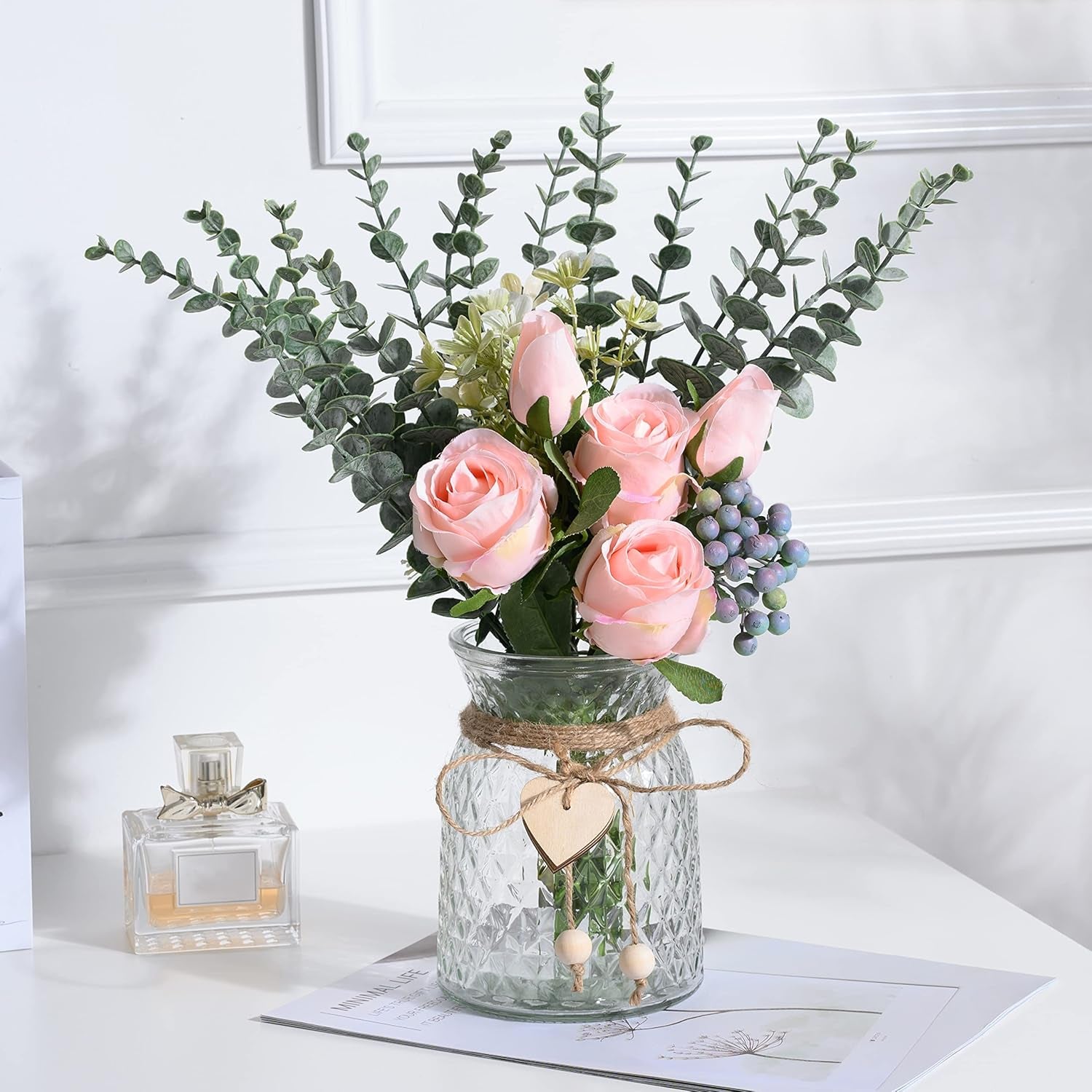 Fake Flowers with Vase, Artificial Flowers Pink Roses in Vase, Flower Arrangement with Vase Suitable for Home Office Decoration, Dining Table Centerpiece (Pink)