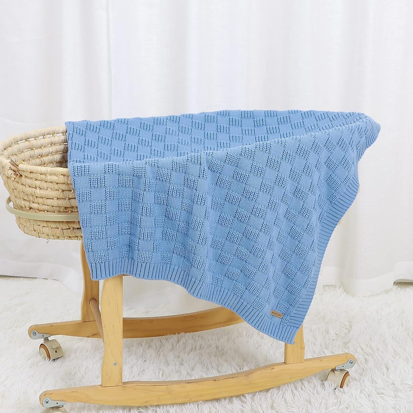 Baby Crochet Blanket Blue Knit Baby Blanket Waffle Weave Cellular Newborn Swaddle Receiving Cable Knit Blanket for Boys and Girls Gender Neutral Blankets 40X30 Inches