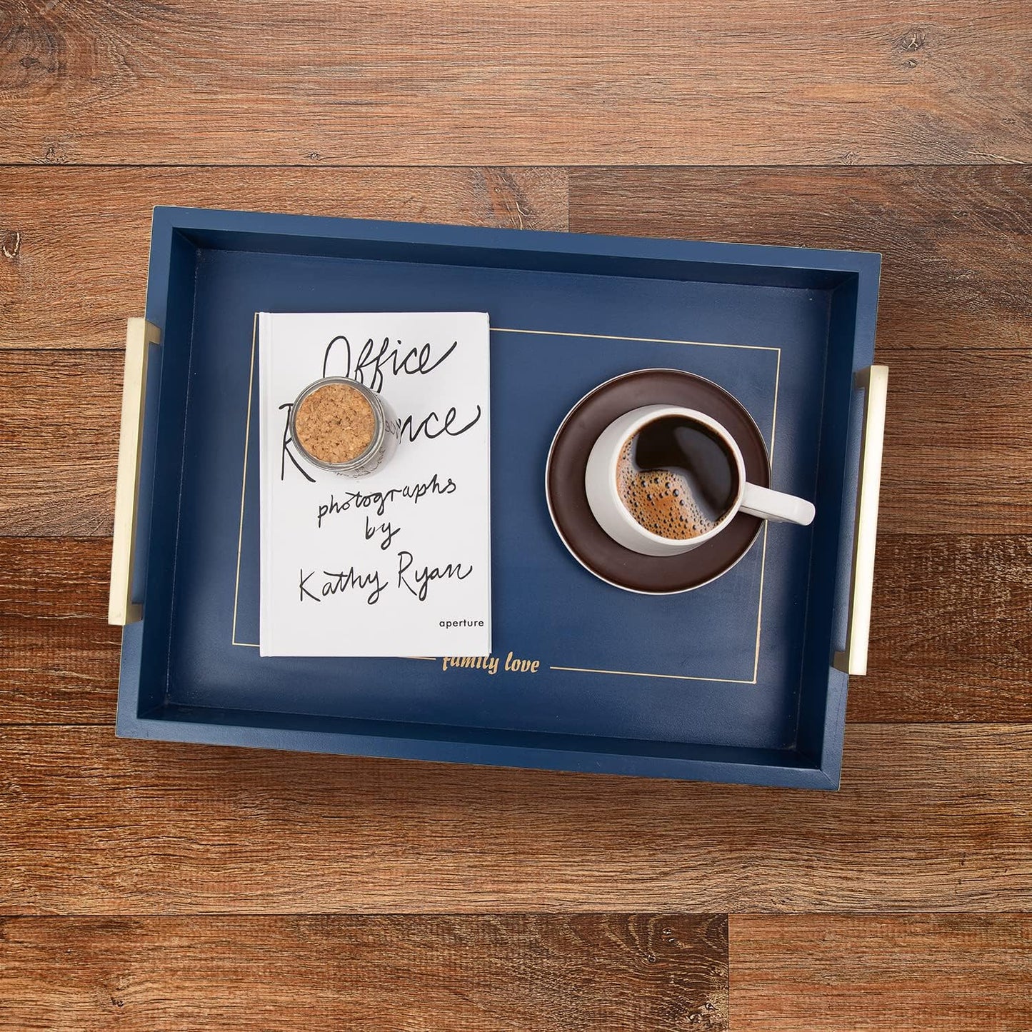 Decorative Coffee Table Ottoman Trays Modern Wood Elegant 16"X12" Rectangle Glossy Shagreen Serving Trays with Champagne Gold Handles -Drinks, Liquor Serving Platter for All Occasion'S(Blue)