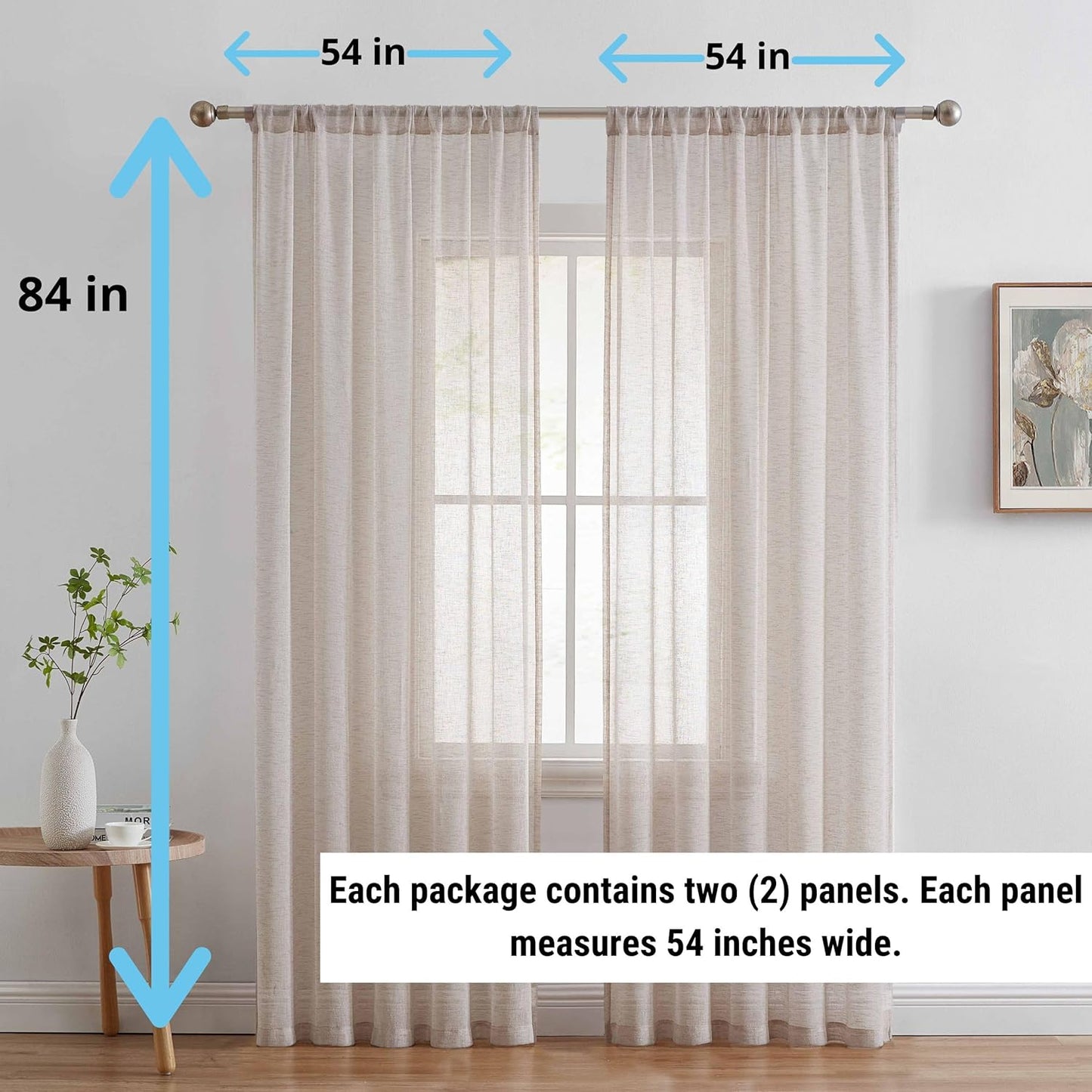 Penelope - Beige Sheer Curtains - Faux Linen Curtains, Semi Sheer Privacy Sun Light Filtering Transparent Window Curtains Drapery Panels for Bedroom & Living Room, 2 Panels (54 W X 84 L, Beige)
