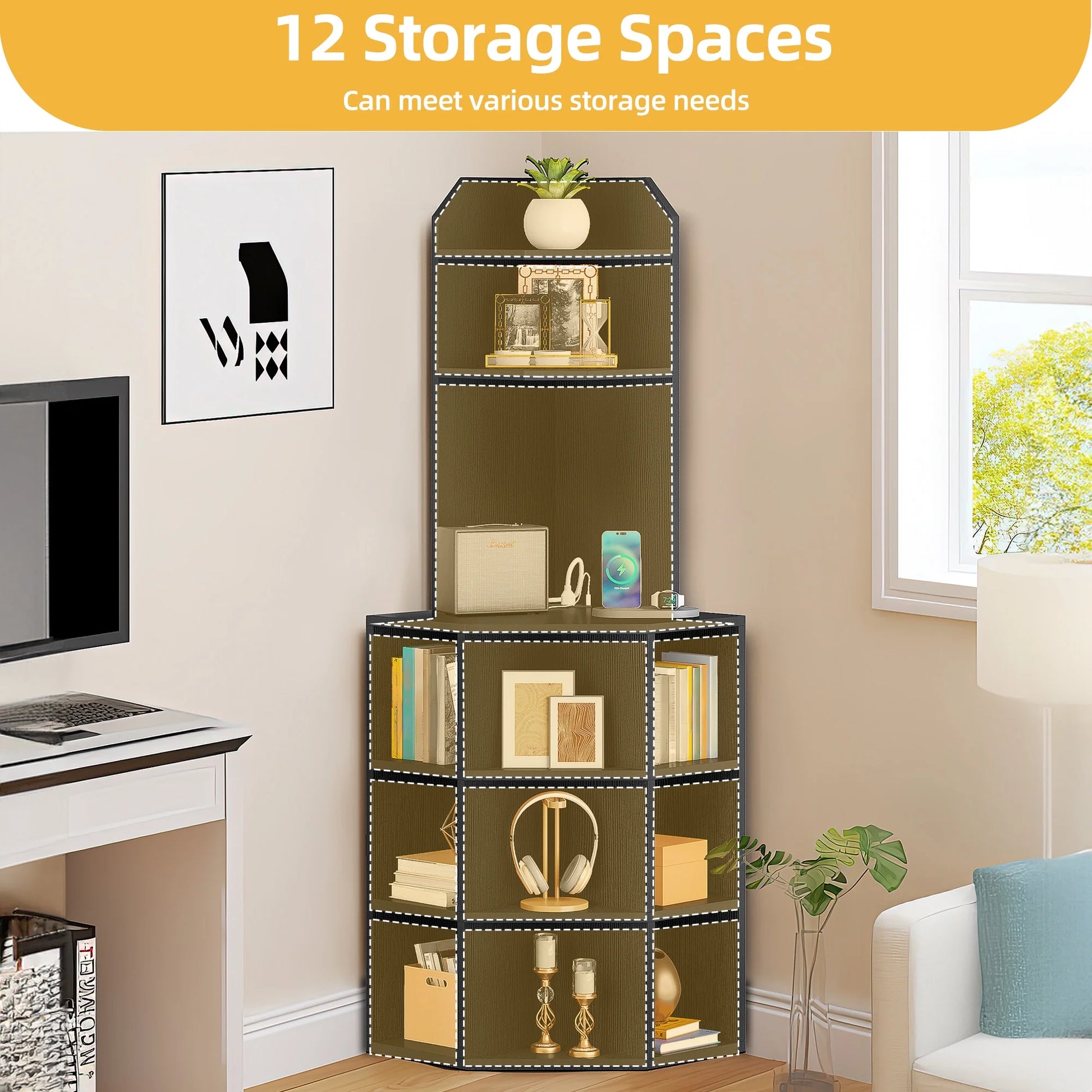 5-Tier Corner Shelf with 9 Cube, Wooden Display Bookcases Bookshelf with USB Ports, Black