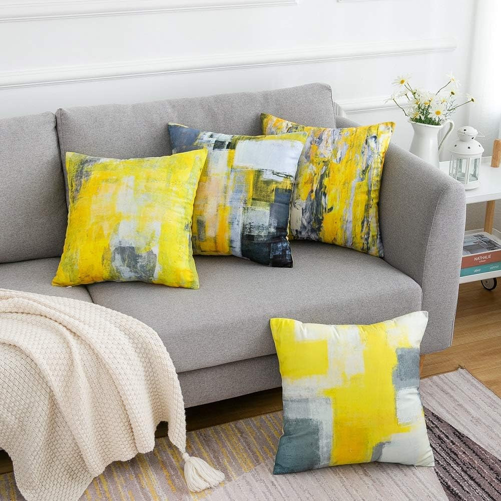 Throw Pillow Covers Yellow Throw Pillows Accent Pillow Covers Paint Set of 4 Cushion Case Yellow and Grey Decorative Yellow Pillows for Couch Sofa Living Room Bedroom 18 X 18 Inch