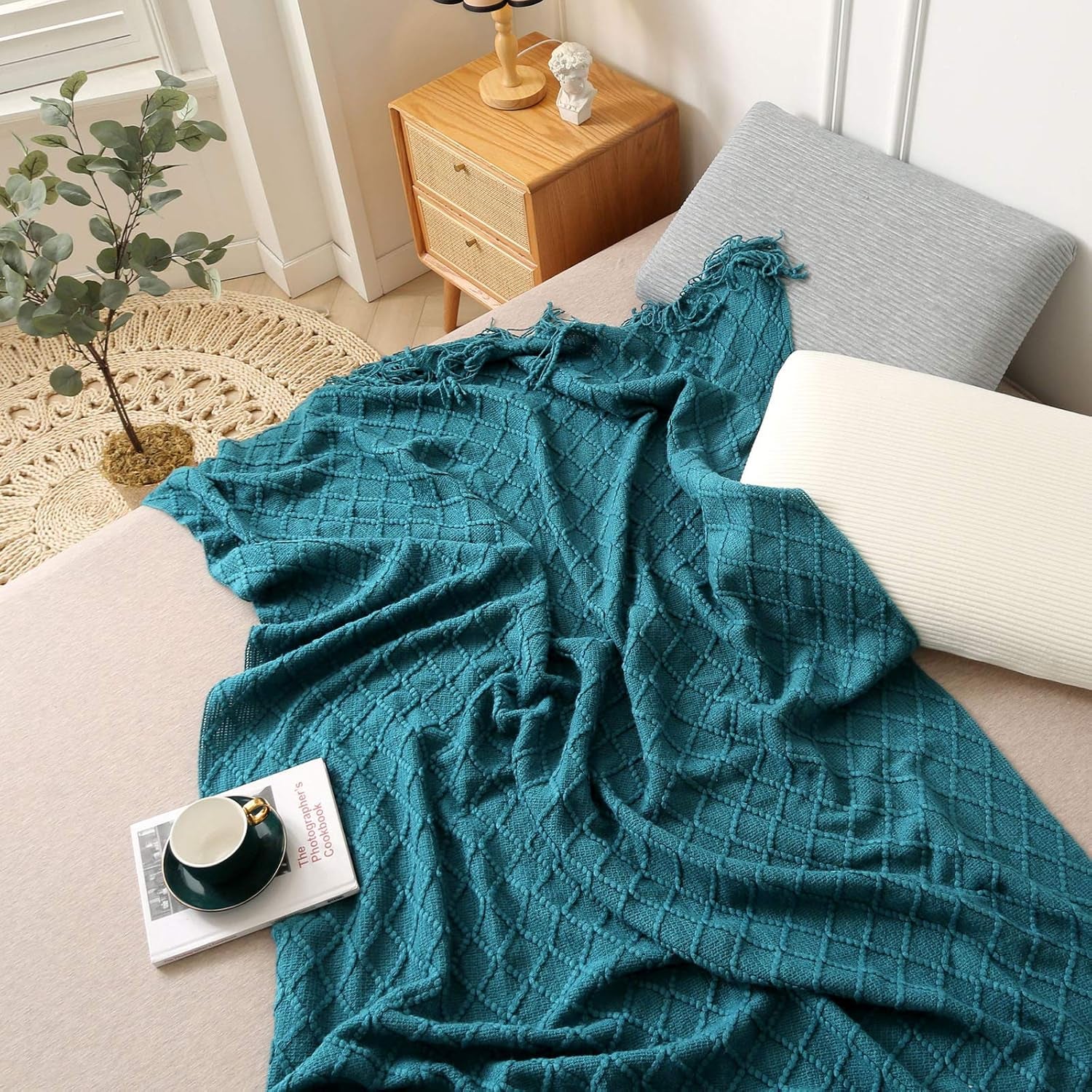 Teal Throw Blankets, Knit Throw Blanket, Boho Throw Blanket for Couch,Bed, Farmhouse Throw Blanket, Lightweight Woven Throw Blanket, Decorative Throw Blanket (50"X60")