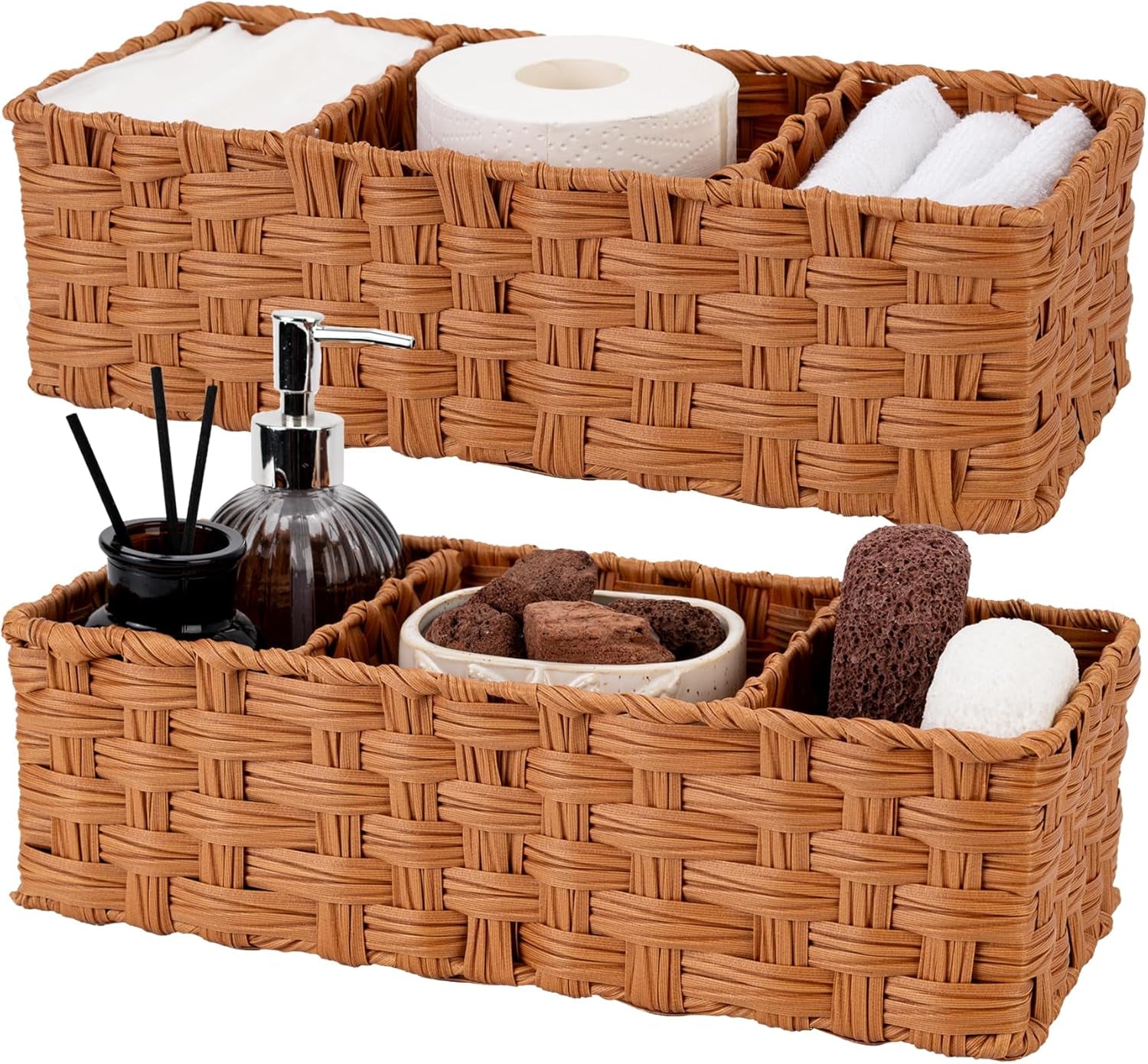 Bathroom Toilet Organizer, Back of Toilet Storage Basket, Waterproof Storage for Shelves, 3 Section Wicker Baskets, Caramel Orange, 2-Pack