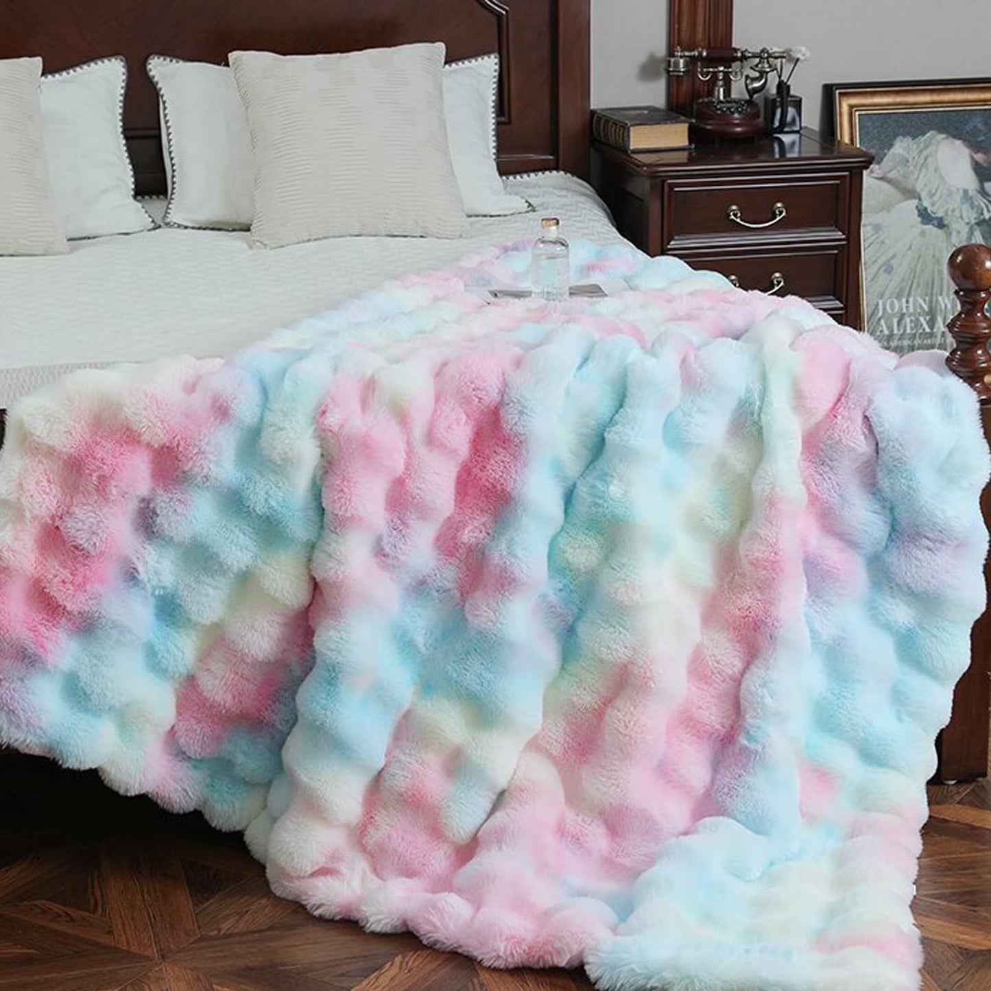 Tie Dye Pink Faux Rabbit Fur Throw Blanket for Couch Chair Soft Warm Girls Blaneket Fluffy Plush Bubble Throw Blanket Luxury Cute Cozy Fuzzy Girls Blankets 40×63 Inches