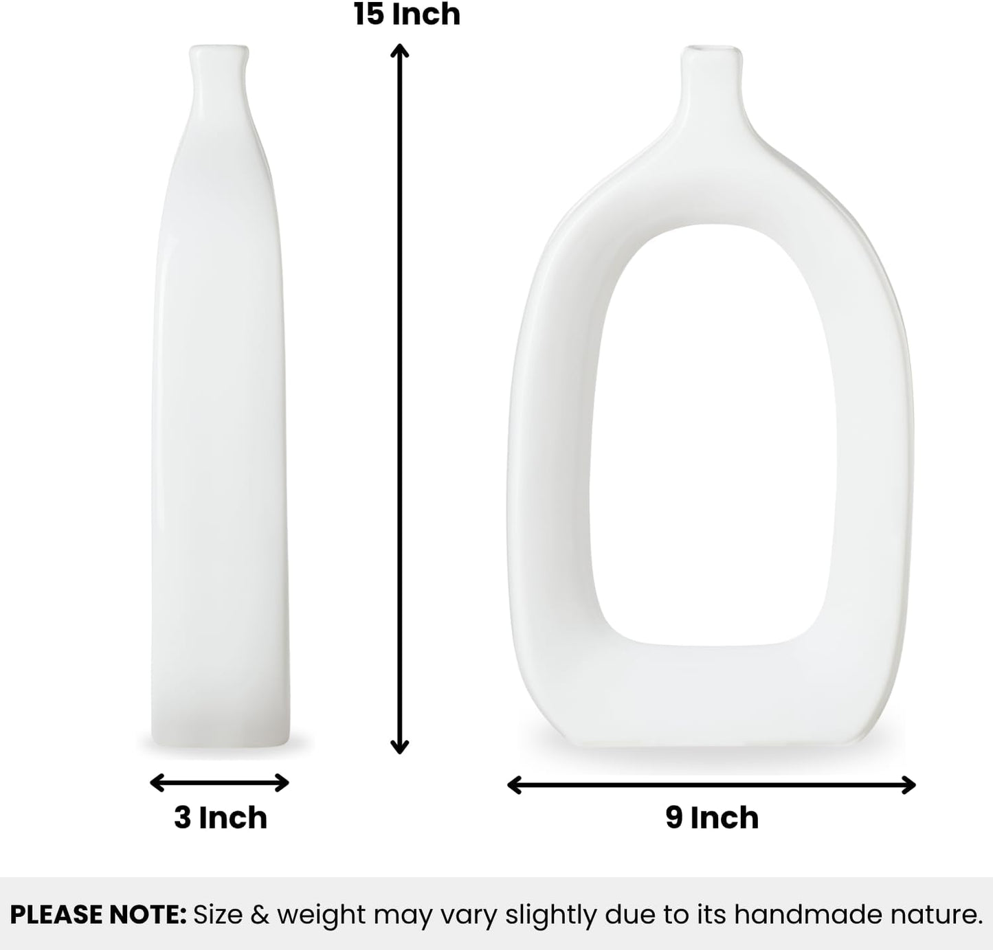 15" Tall Ceramic White Hollow Vase - Abstract White Vase for Modern Home Decor, Handmade Gloss Finish Sculpture Design, Modern Table Decor for Entryway Table, Mantel or Shelf (Open)