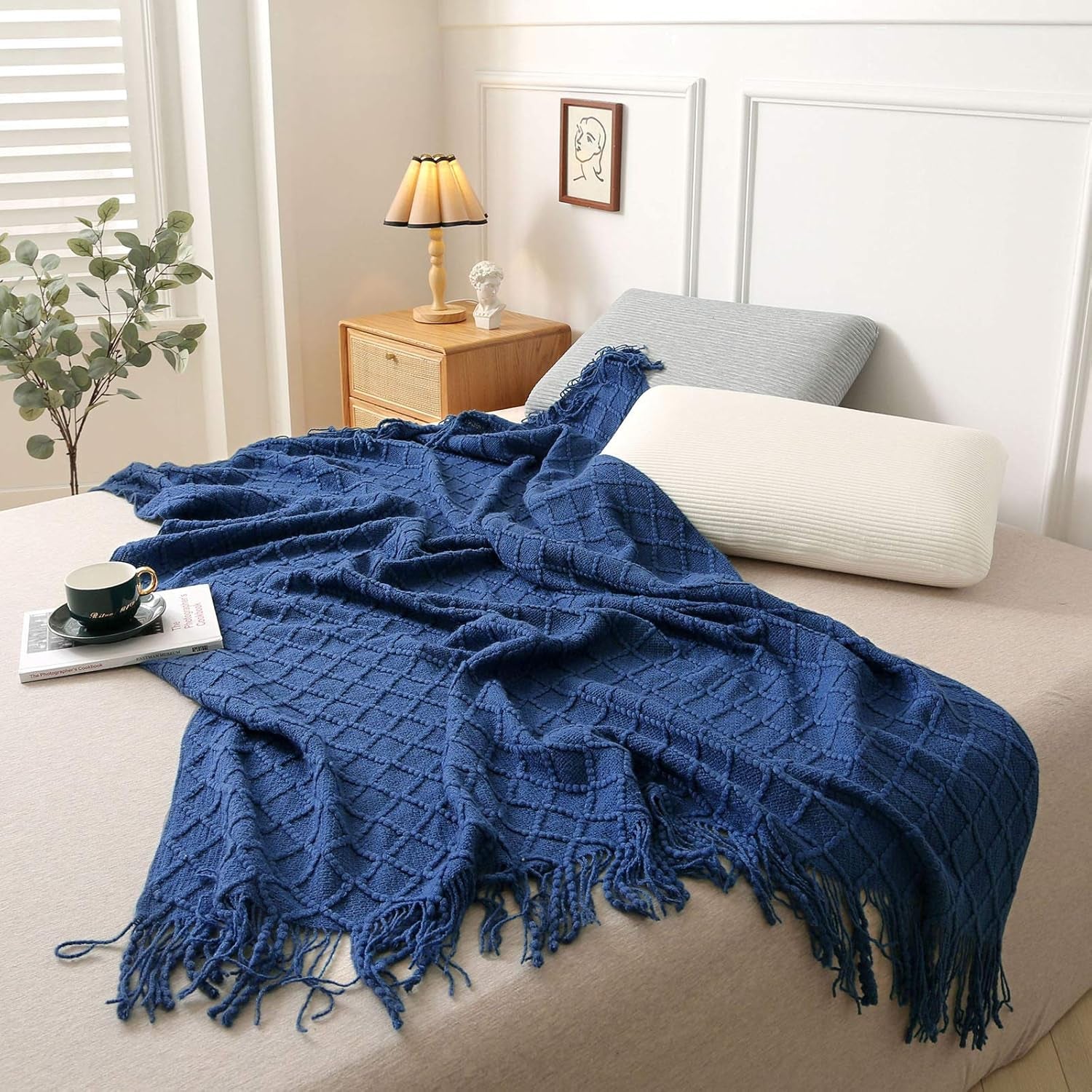 Navy Throw Blanket, Knit Throw Blanket, Boho Throw Blanket for Couch,Bed, Farmhouse Throw Blanket, Lightweight Woven Throw Blanket, Decorative Throw Blanket, Navy Blue Blanket (50"X60")