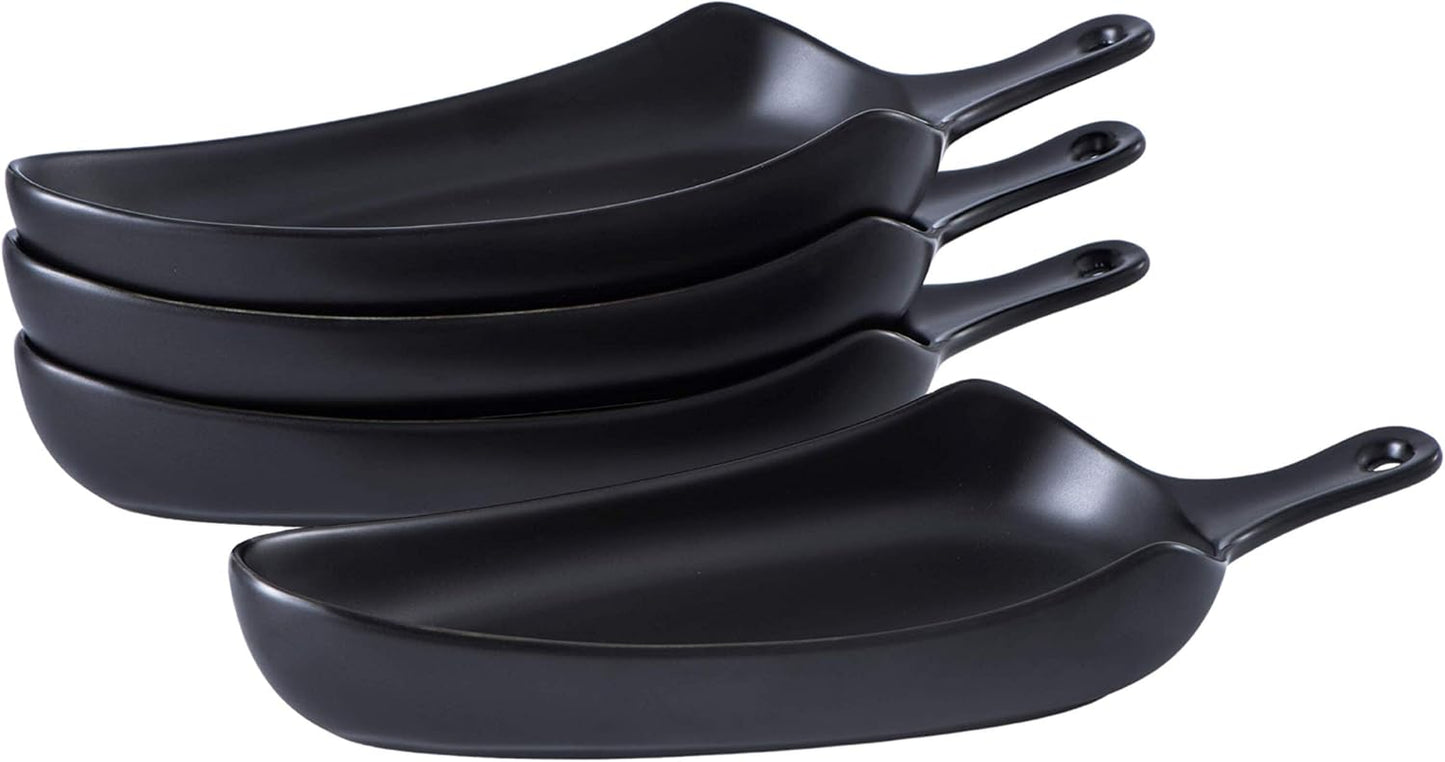 Set of 4 Porcelain Matte Glaze Baking Dish 9 Inch Dinner Plates, Oven Safe Roasting Lasagna Pan with Handle Triangle Dish, Black, Scratch Resistant, Microwave, Dishwasher, Oven Safe